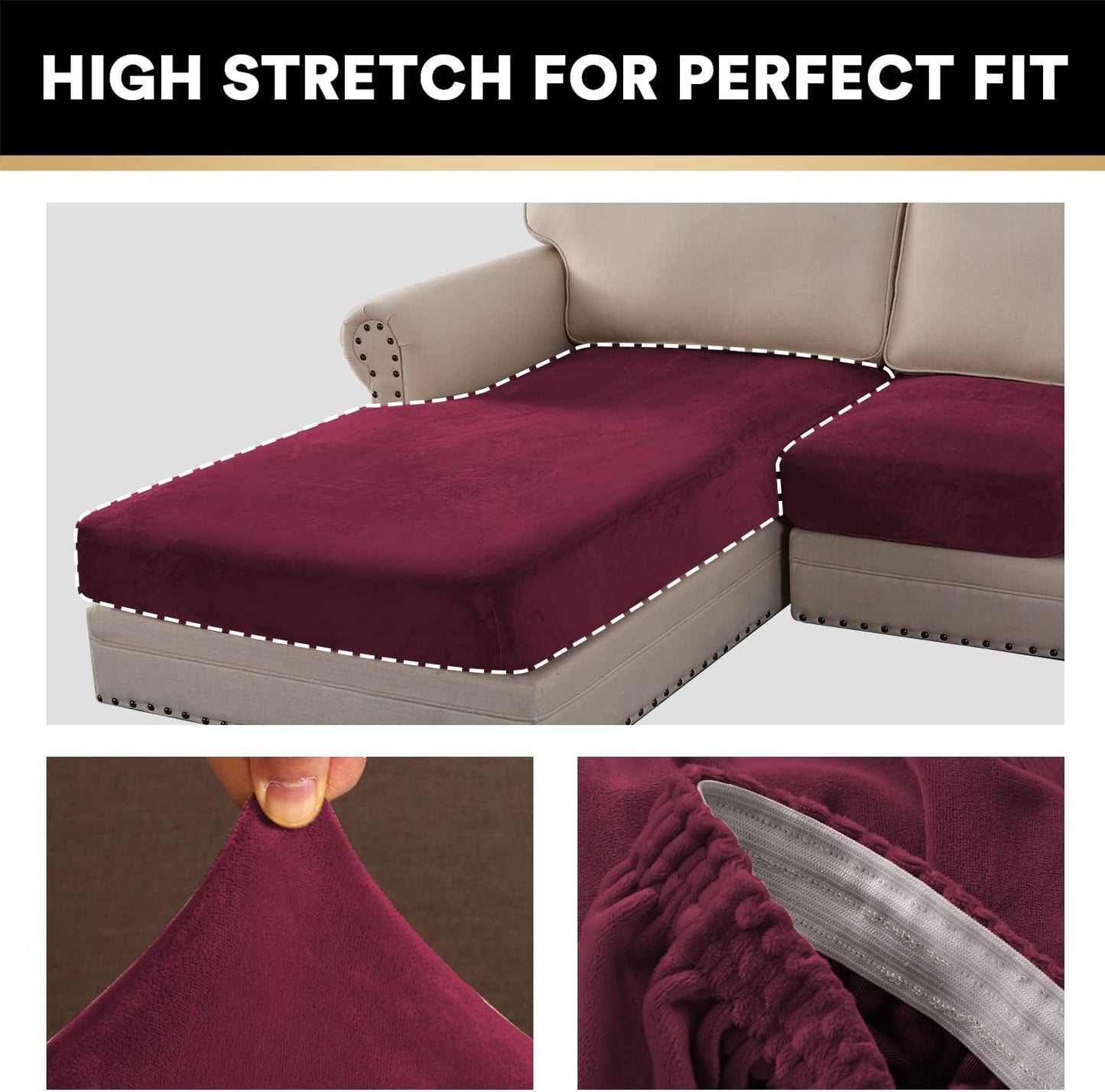 PrinceDeco Velvet Couch Covers - 4 Piece Set for Sectional Sofa (3 Seater + 1 Chaise, Burgundy)