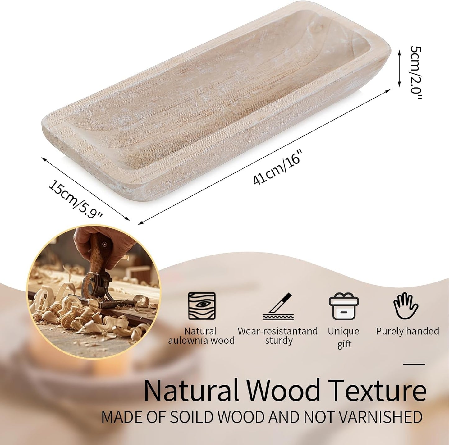 Romadedi Decorative Bowls for Home Decor - 16" Wooden Dough Bowl for Decor, Large Wood Bowl for Kitchen Table Centerpieces Long Narrow Wooden Tray for Dining Table Whitewashed