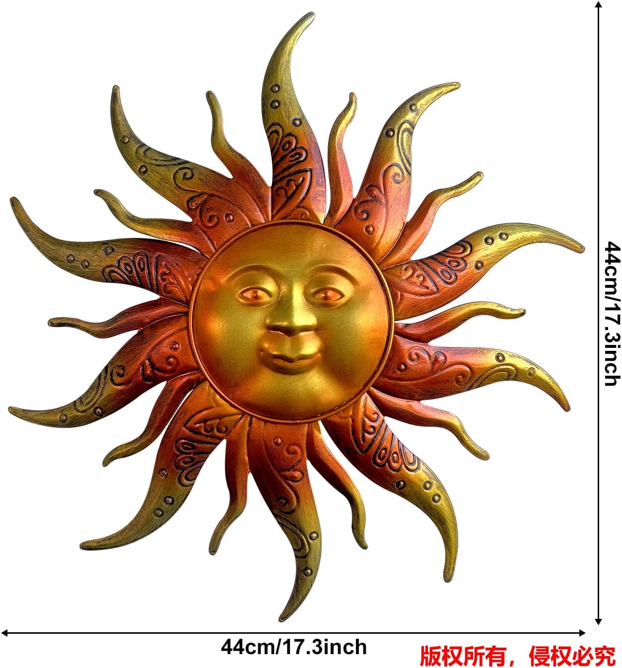 Metal Sun Wall Art Decor-17.3 inches Rustic Retro Metal Sun Hanging Decoration for Indoor Outdoor,Gift for Mom Dad Friends(Gold)