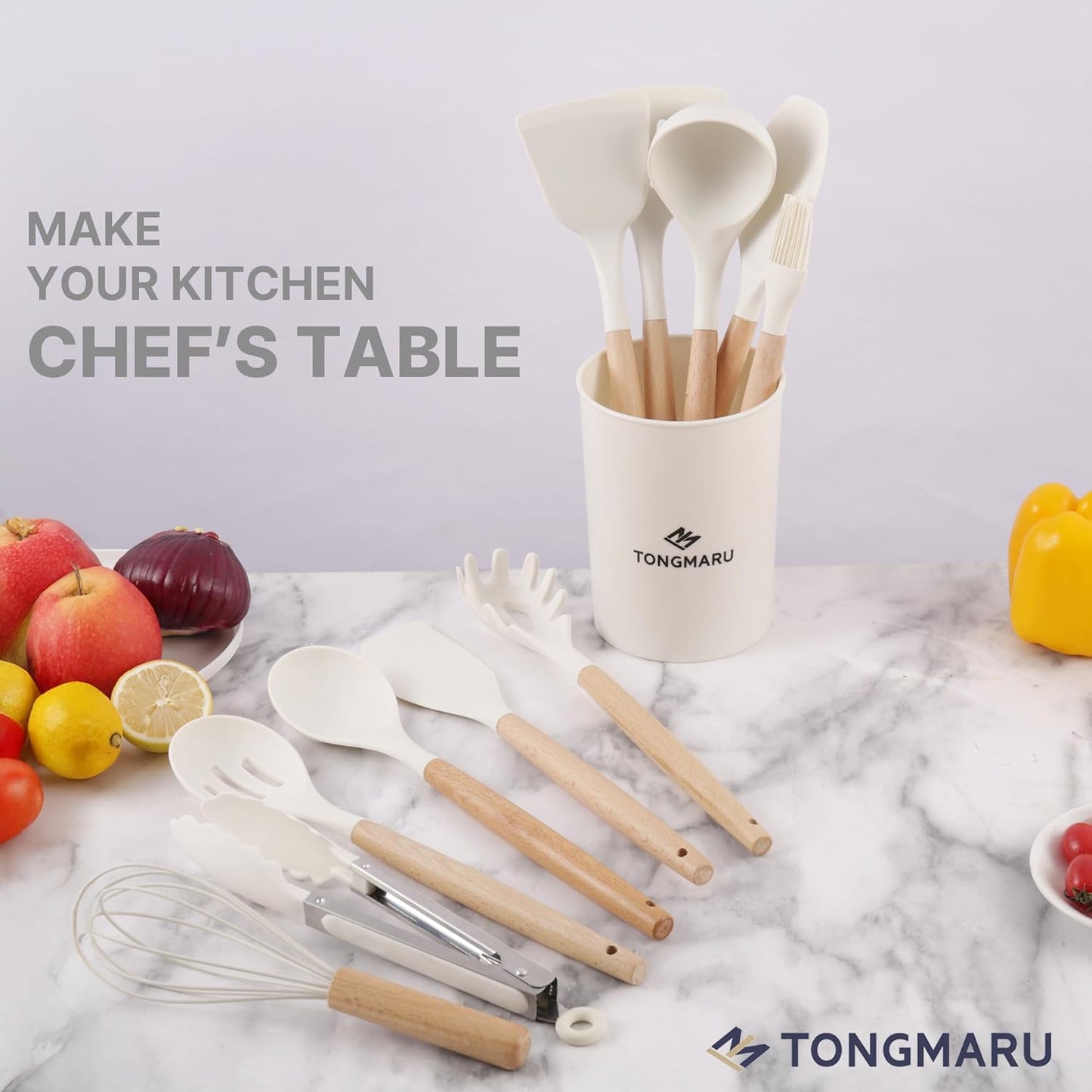 Silicone Cooking Utensils Set, Premium Beech Wood Handle Kitchen Gadgets Utensil Set, Non-Stick Kitchen Utensils Spatula, Tongs, Turner, Whisk, Brush, Spoon, BPA FREE, 446°F Resistant (White)