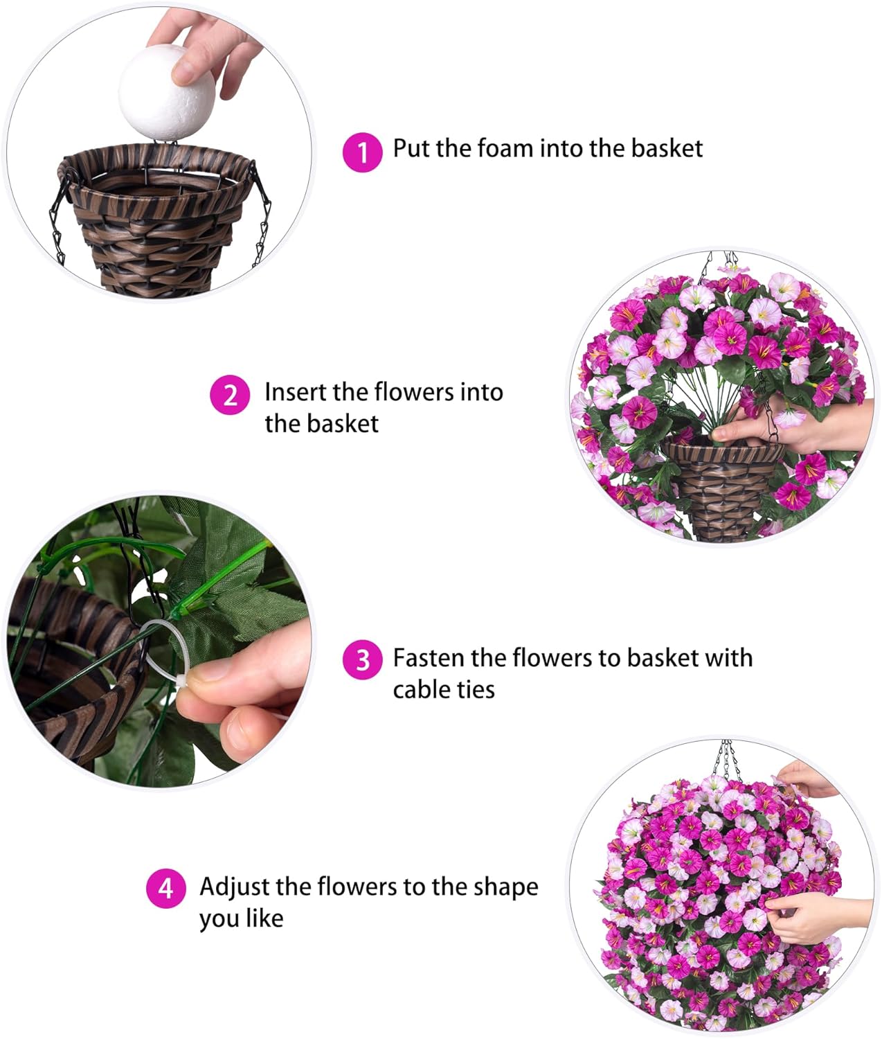 Artificial Fake Hanging Flowers Basket for Outdoor Indoor Decoration,UV Resistant Faux Silk Light Fuchsia and Fuchsia Morning Glory Flowers Plants Realistic Hanging Planter for Outside Home Porch Yard