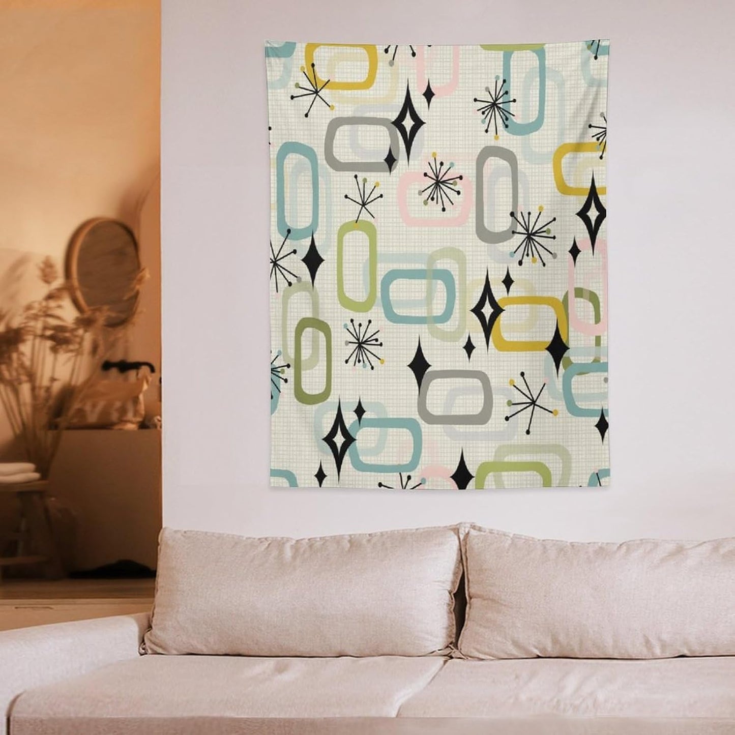 ICMOLYYENLO Boho Medieval Cat Tapestry, Abstract Atomic Starburst Geometric Aesthetic Art Wall Hanging For Bedroom Living Room Dormitory 60x80 Inches