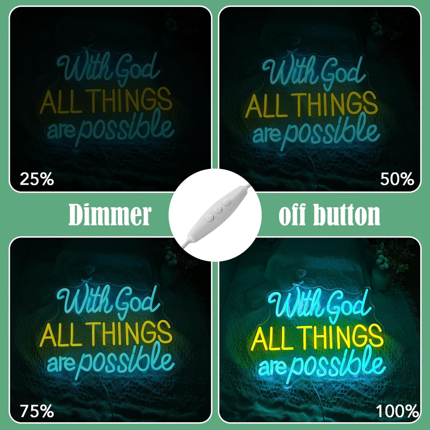 With God All Things Are Possible Neon Sign 16.5 * 12.6 Inch Led God Light Up Sign Dimmable USB Neon Light for Room Wedding Party Church Wall Decor (Ice Blue Yellow)