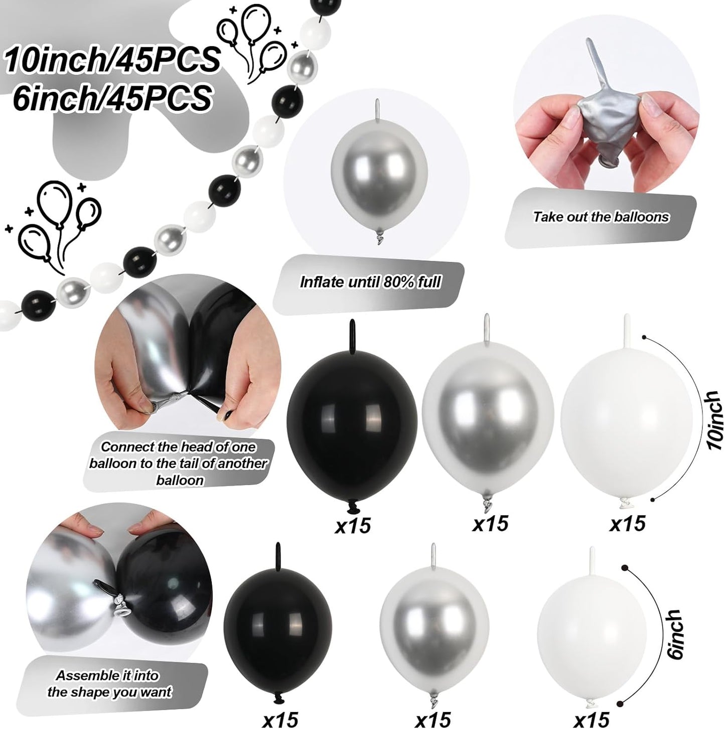 Black White and Gold Linking Balloons, 90PCS Black Gold and White Balloon Arch, Metallic Silver Quick Linked Connecting Balloon for Wedding Birthday Baby Shower Graduation New Year Party Decorations