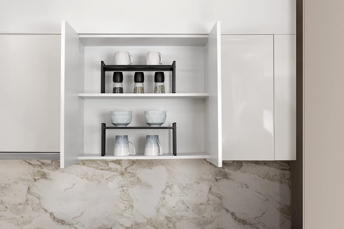 Nxconsu 2Pack Cabinet Shelves Stackable Shelf Organizer Rack Riser for Kitchen Cabinet Pantry Cupboard Counter Countertop Home Organization Storage Space Saver Heavy Duty Metal Nonslip Black Wide