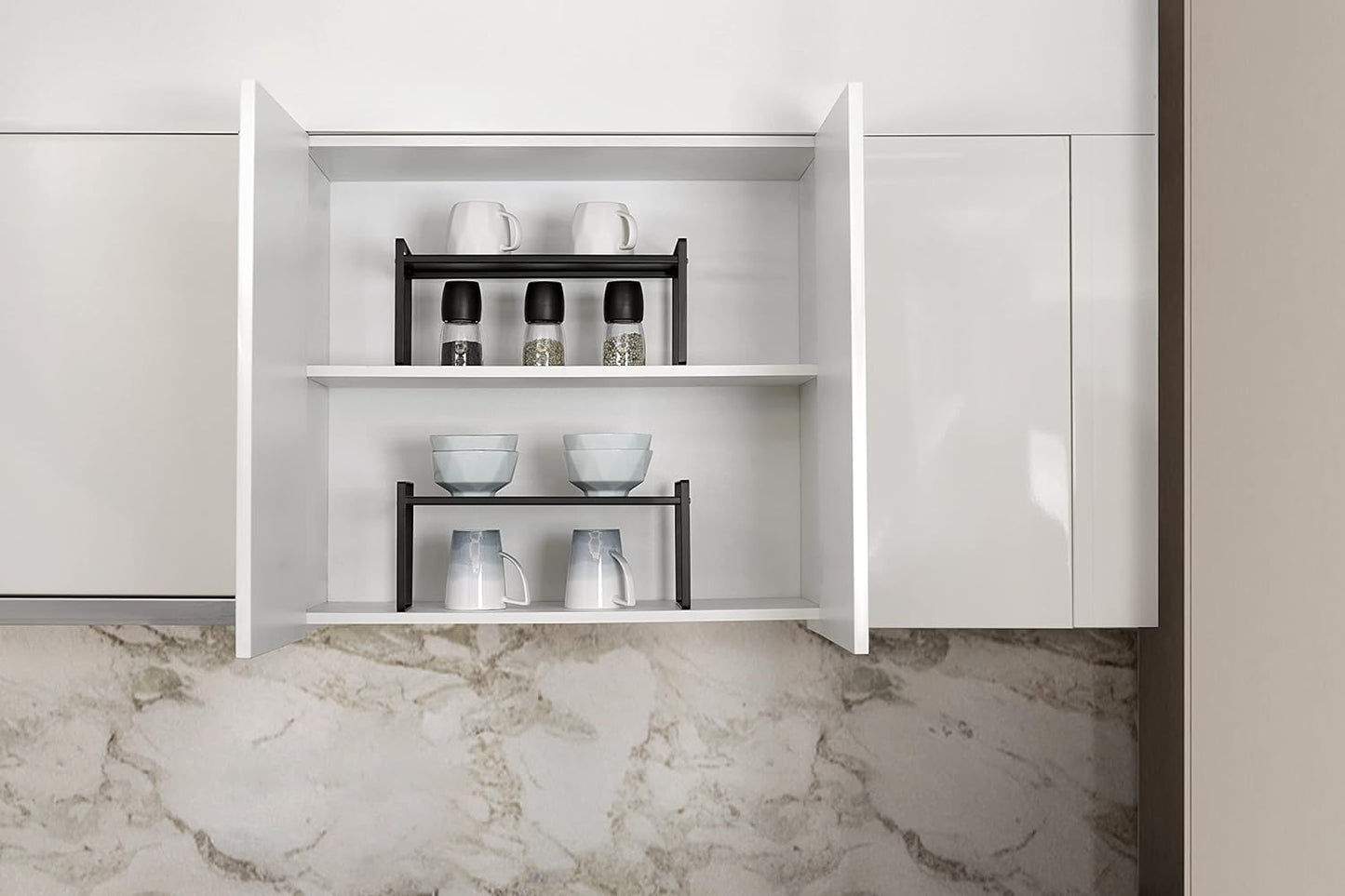 Nxconsu 2Pack Cabinet Shelves Stackable Shelf Organizer Rack Riser for Kitchen Cabinet Pantry Cupboard Counter Countertop Home Organization Storage Space Saver Heavy Duty Metal Nonslip Black