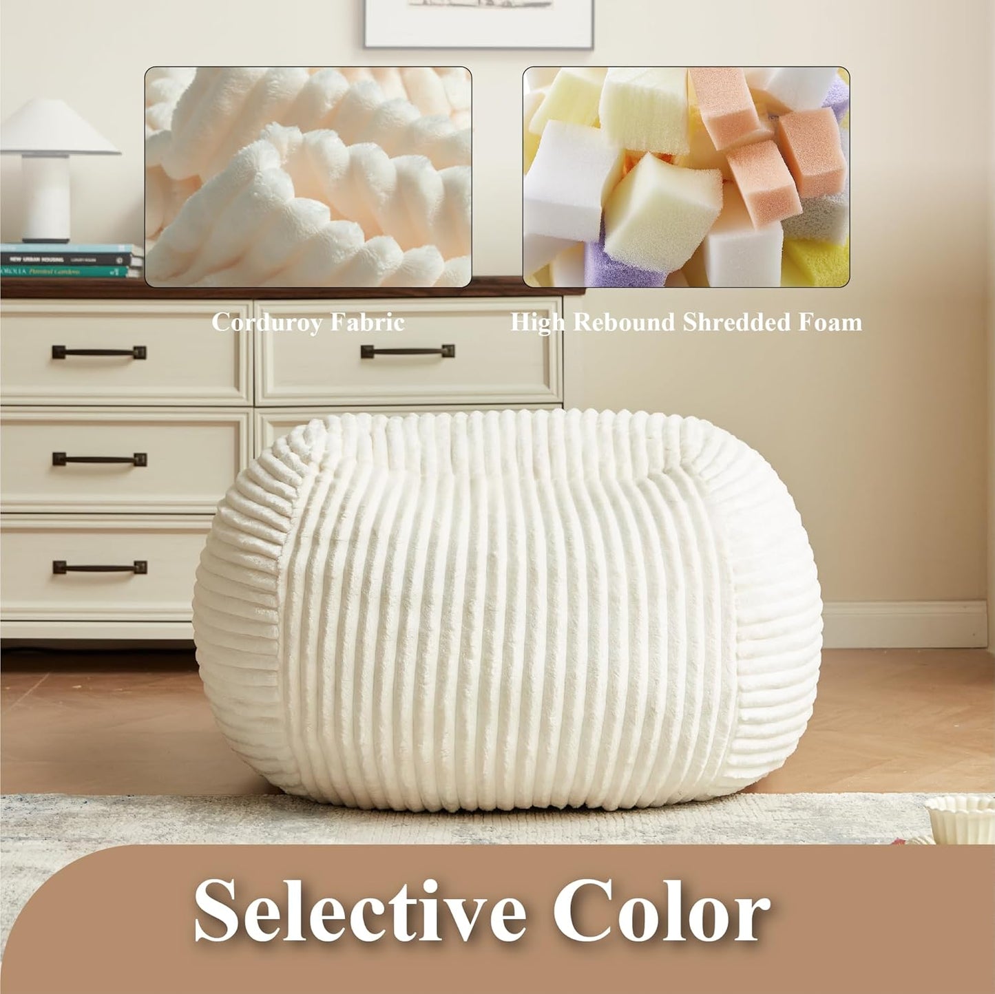 Premium Beige Bean Bag Chair for Adults with Armrest- Ultra Plush Memory Foam Lounge Sofa & Comfy Reading Nook Chair for Bedroom, Living Room & Dorm (White, 4FT)