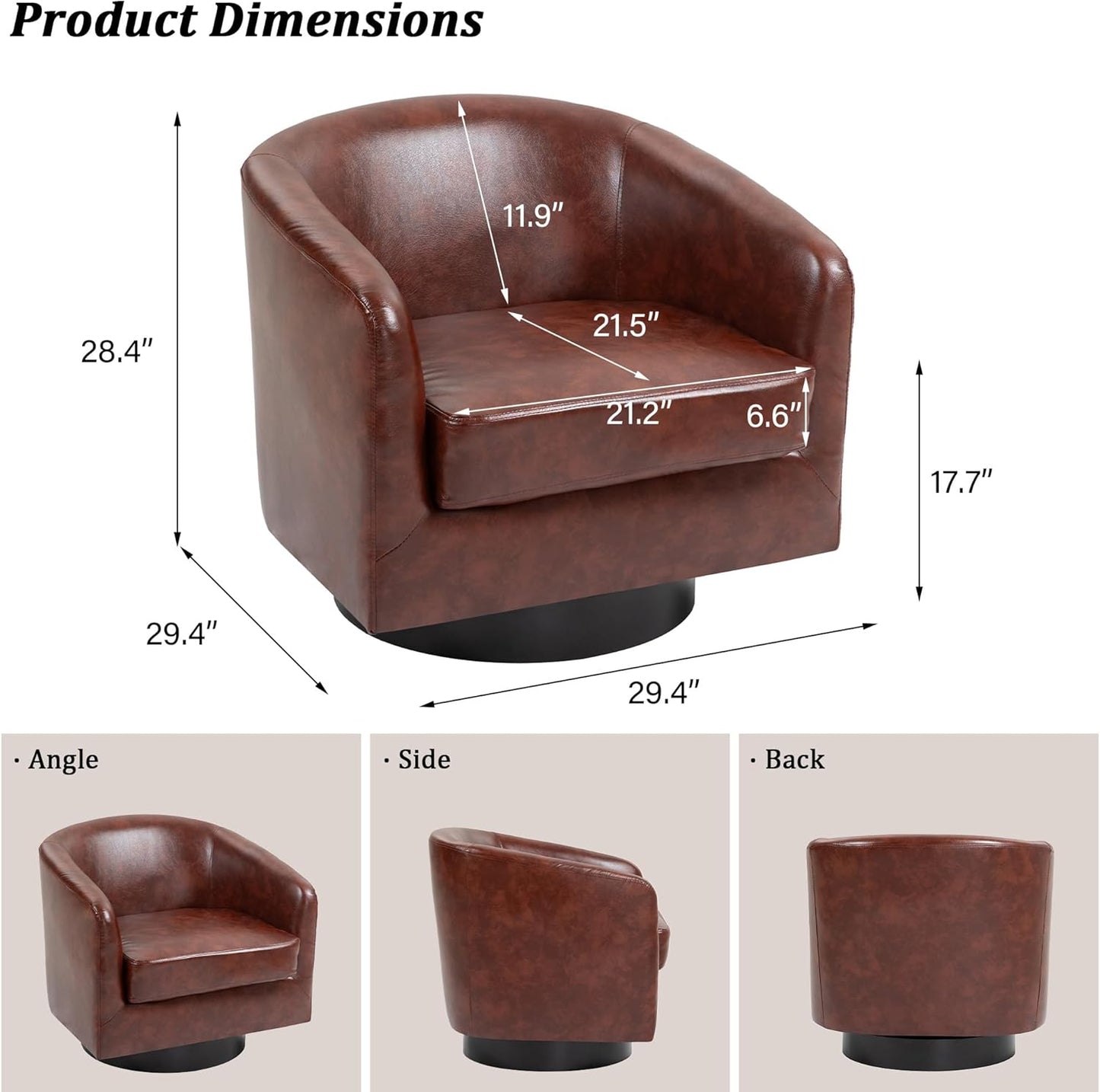 Swivel Barrel Accent Chair, Modern Round Faux Leather Arm Chair for Living Room, Bedroom, Comfy Club Reading Chairs for Adults(Faux Leather, Red Brown, Set of 2)