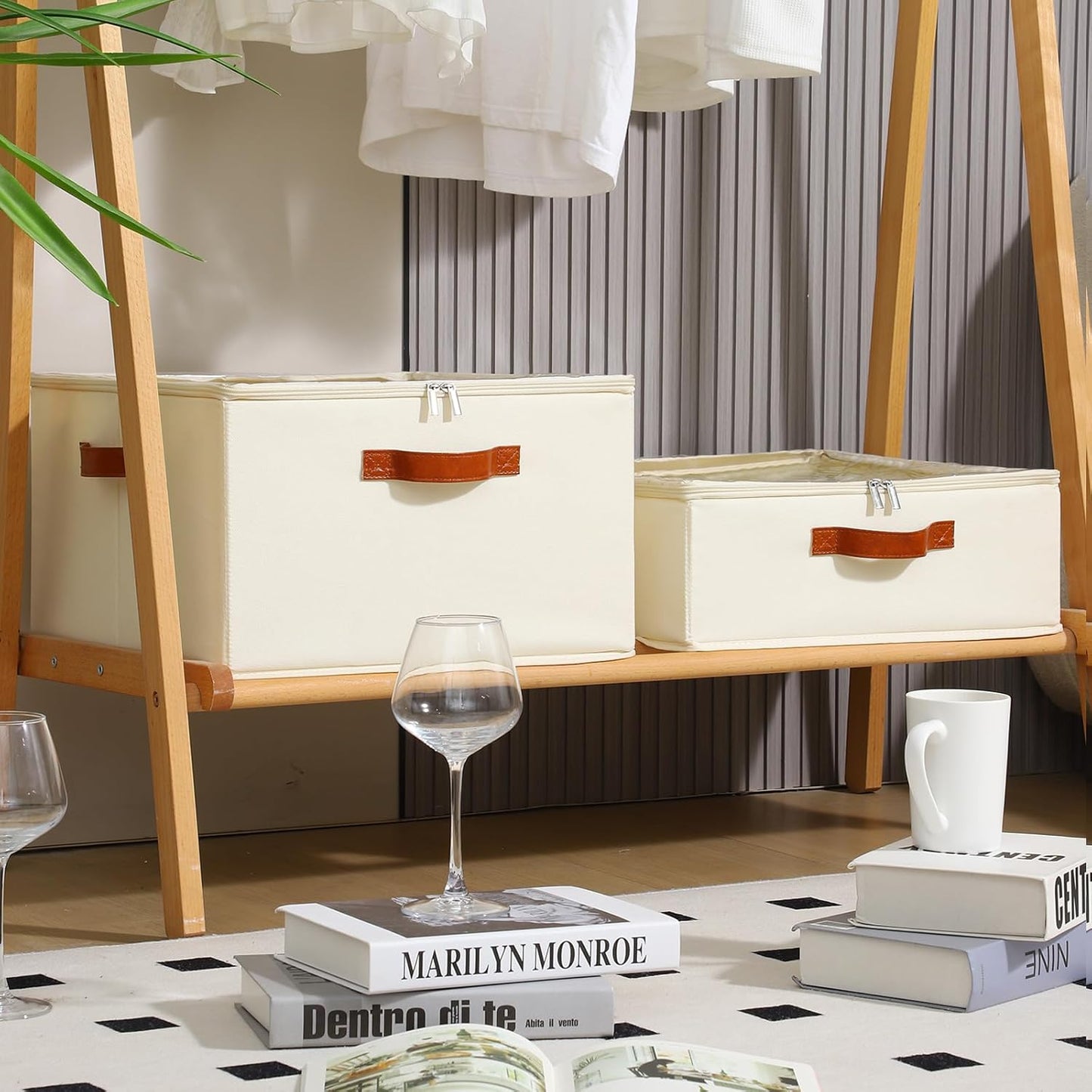 Wine Glass Storage Box with Dividers, 2 Pack Glassware Storage Containers, Stemware Storage Cases Holds 32 Wine Glasses, Stackable Crystal Storage Containers with Clear Cover for Moving，Beige