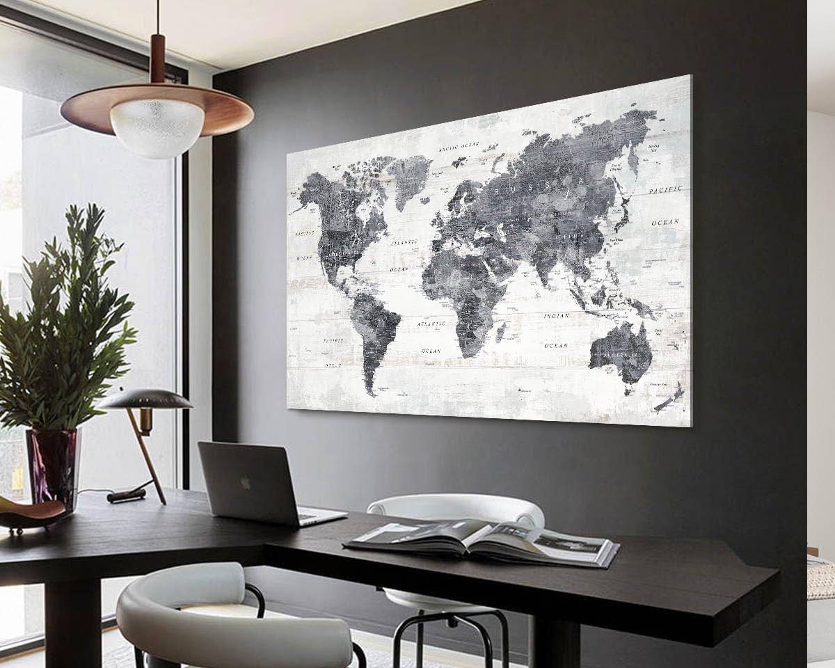 Wall Art for Living Room Home Office Frames Wall Decor Gray World Map Pictures for Bedroom Dining Room