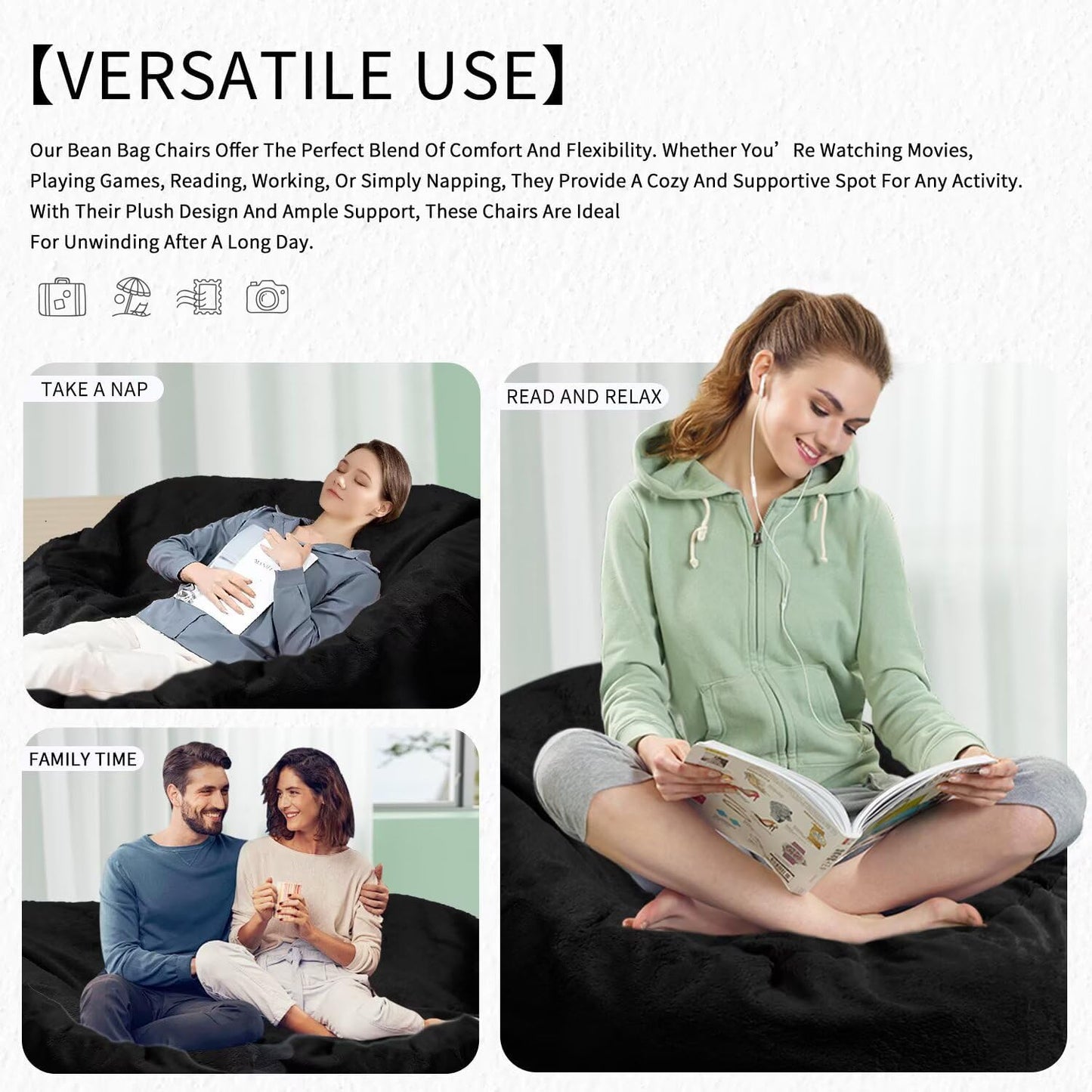 Bean Bag Chair for Adults 7FT,Soft Removable Cover for Teens/Girls Bedroom,Fluffy Giant Round Floor Beanbag Lounger Chairs (No Filler,Black)