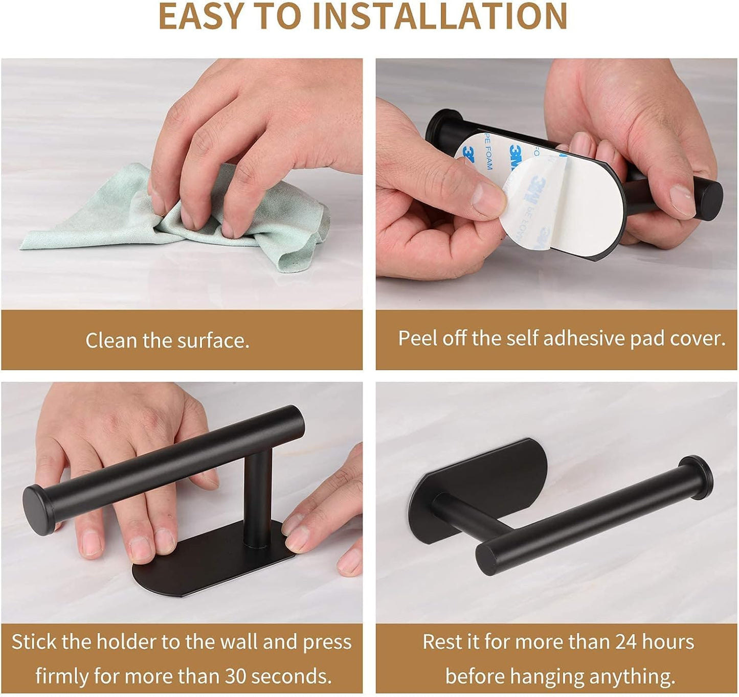 Toilet Paper Holder,Adhesive,Matt Black,Wall Mount,Toilet Paper Roll Holder,no Drilling,Bathroom/Rv/Washroom, SUS 304 Stainless Steel, Rustproof (Black, 1 Piece)