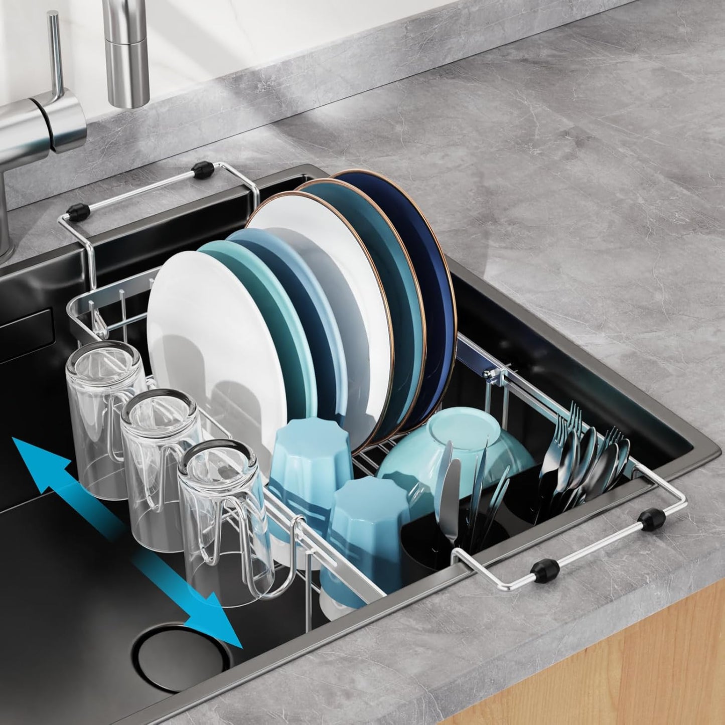 GSlife Expandable in Sink Small Dish Drying Rack - Stainless Steel Capacity Adjustable Over The Sink Dish Rack with Cup Holder (12" -16.8"), Dish Drainer for Kitchen Sink with Utensil Holder, Silver