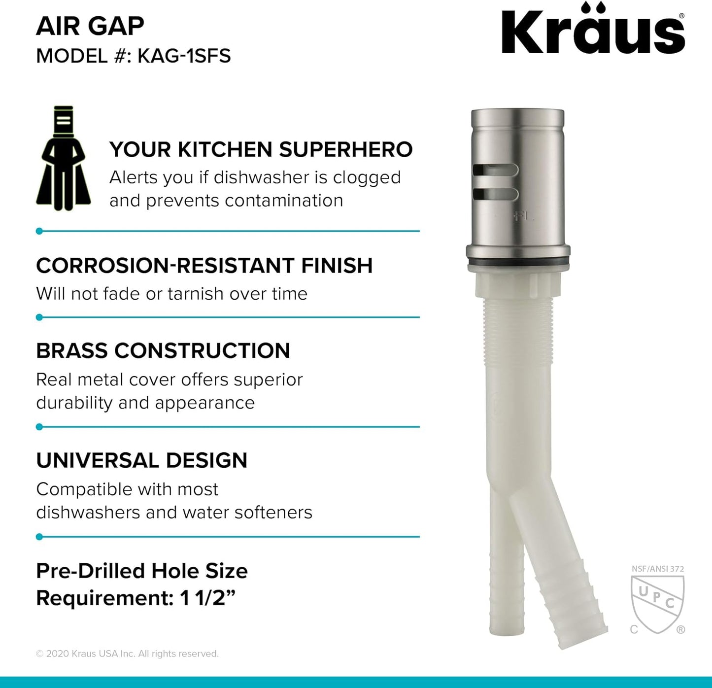KRAUS Dishwasher Air Gap in Spot Free All-Brite™ Stainless Steel, KAG-1SFS
