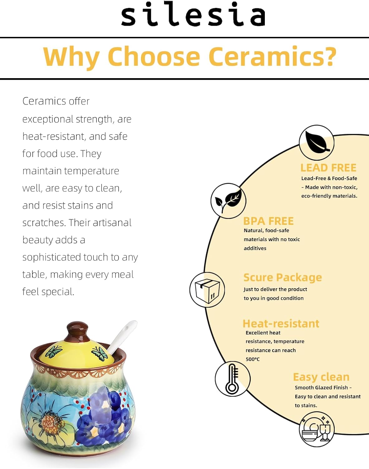 silesia Handmade Sugar Bowl with Lid and Spoon, 9 Ounce Ceramic Hand-Painted Sugar Jar for Home in Gift Box, Kitchen Decor, Oven, Dishwasher & Microwave Safe, Glazed Yellow