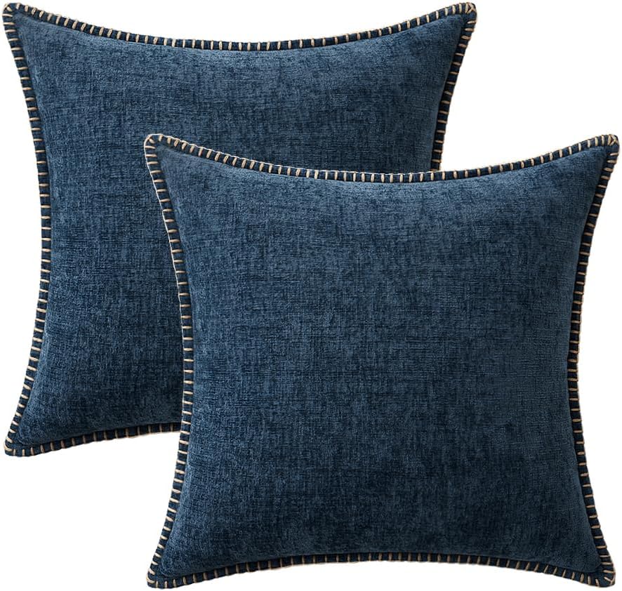MIULEE Pack of 2 Couch Throw Pillow Covers 16x16 Inch Navy Blue Farmhouse Decorative Pillow Covers with Stitched Edge Soft Chenille Solid Dyed Spring Pillow Covers for Sofa Bed Living Room