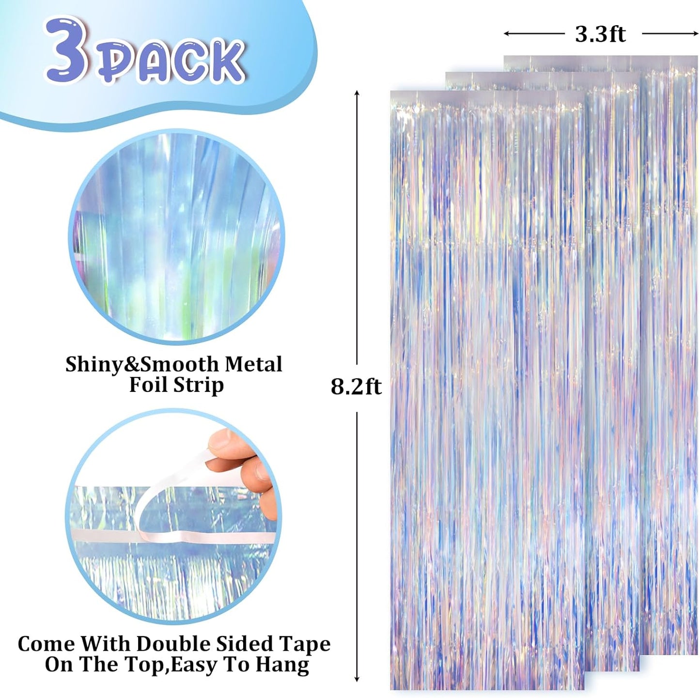Iridescent Party Backdrop 3Packs Transparent Tinsel Foil Fringe Curtain for Frozen Mermaid Sea Birthday Party Decorations, 3.3x8.2ft Streamers Backdrops