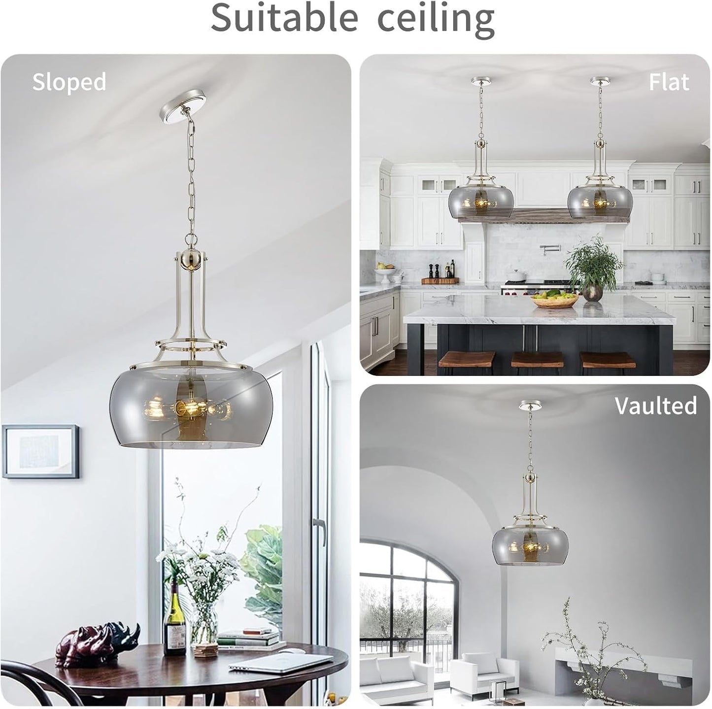 WUZUPS Nickel Chandelier Rustic Farmhouse Industrial Round Ceiling Pendant LED Light Fixture Electroplated Gray Glass Shade for Dining Room Kitchen Island Foyer Entryway, H 20.9" W 15.9", E26 Base