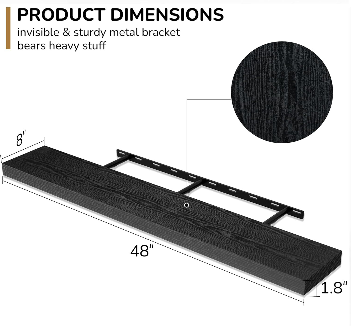 Fun Memories 48 Inch Floating Shelves - Fireplace Mantel Shelf - Deep Wall Mounted Wood Storage Shelf for Bedroom, Kitchen, Farmhouse - 1 Pack, Rustic Black