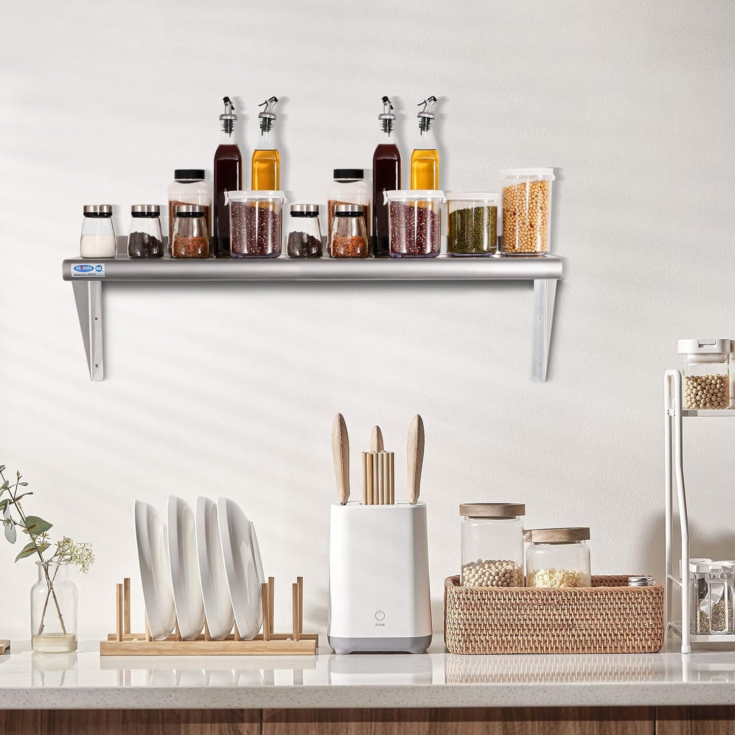 HARDURA Stainless Steel Shelf 18" x 48", 385lb Commercial Shelves Wall Mount Metal Shelving with Backsplash and Brackets for Kitchen, Restaurant, Laundry Room and Home