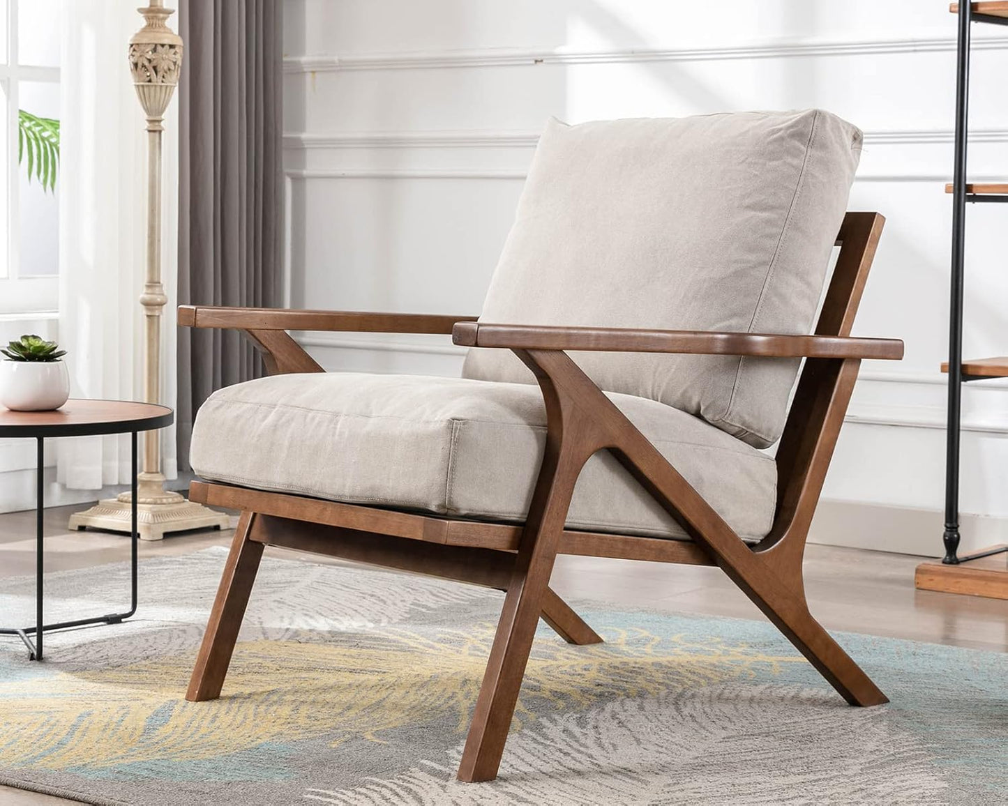 HNY Set of 2 Mid Century Accent Chair, Faux Leather Upholstered Armchair with Wood Frame and Canvas Cushions, Leisure Reading Chair Slipper Chair for Living Room, Bedroom, Beige