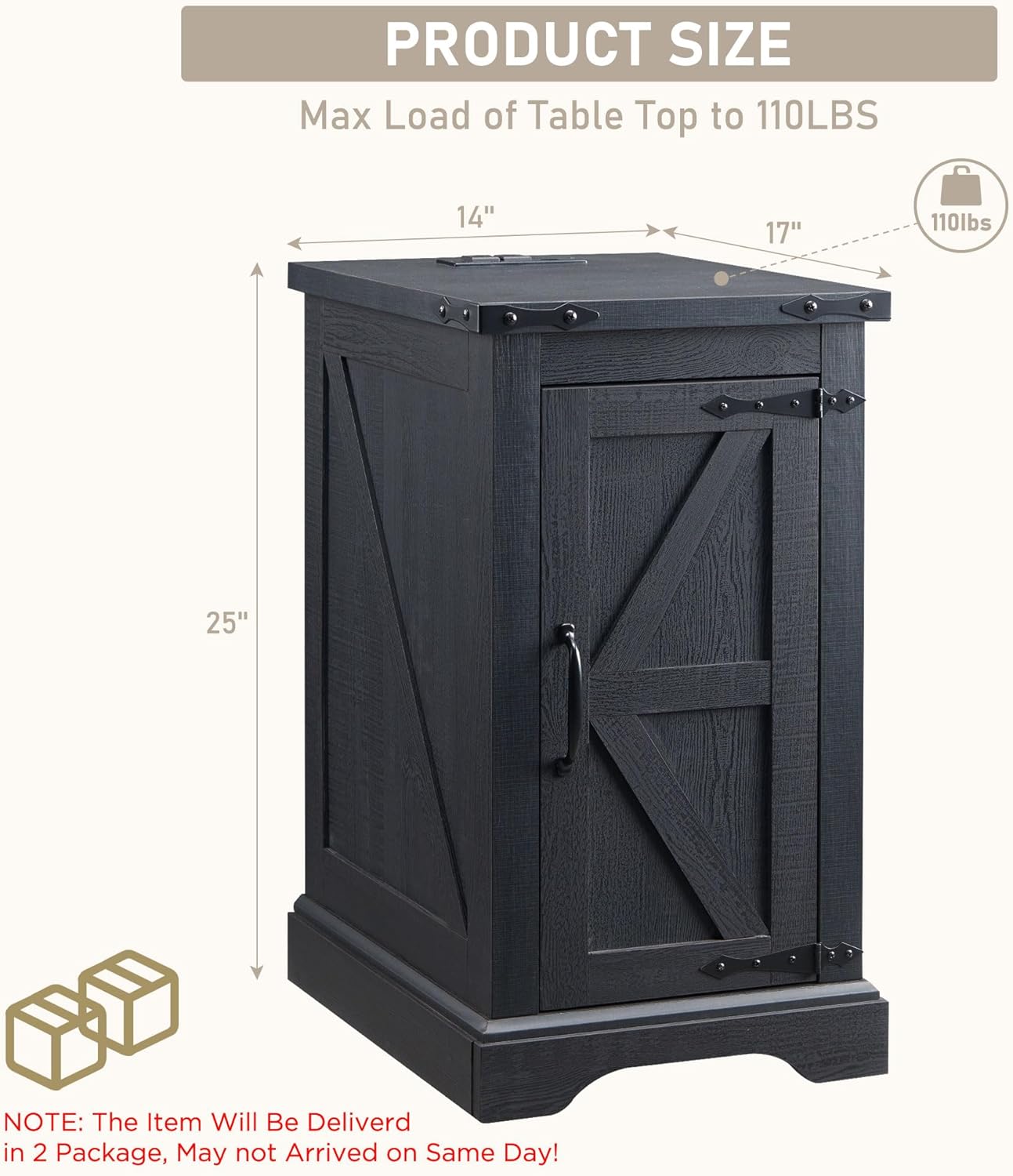 JXQTLINGMU Farmhouse Nightstand Set of 2 with Charging Station, 17" D Rectangular End Table with Barn Door & Adjustable Storage Shelf, Wood Rustic Sofa Side Table for Living Room, Bedroom, Black