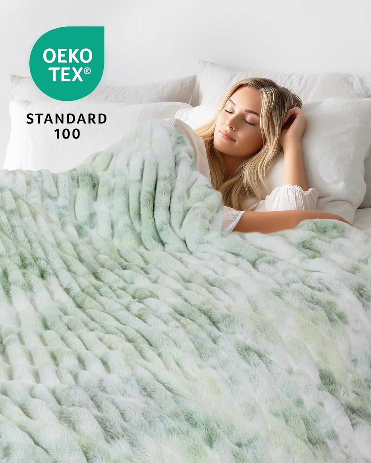 Faux Fur Blanket, Twin Size Oversized Throw Blanket for Couch, Fluffy Blanket with Stretch Ruched Design, Ultra Soft Giftable Home Decor, 60x80 inches, Tie-Dyed in Sage Green