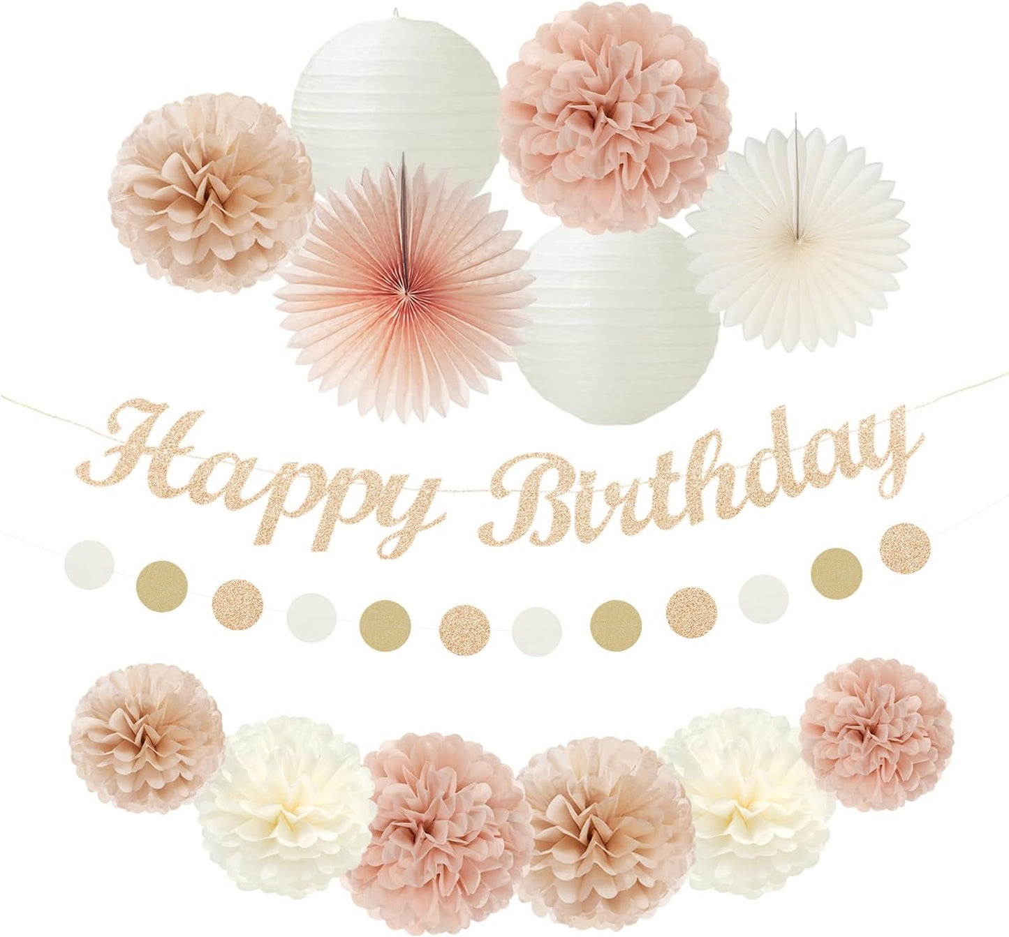 Champagne Rose-Gold Beige Birthday Party-Decorations - 14pcs Happy Banner Boho Lanterns Tissue Pom Poms,Rustic Streamers Garland Fans,Neutral One Sweet Peach Girls Women Hanging Supplies Decor Hugfond