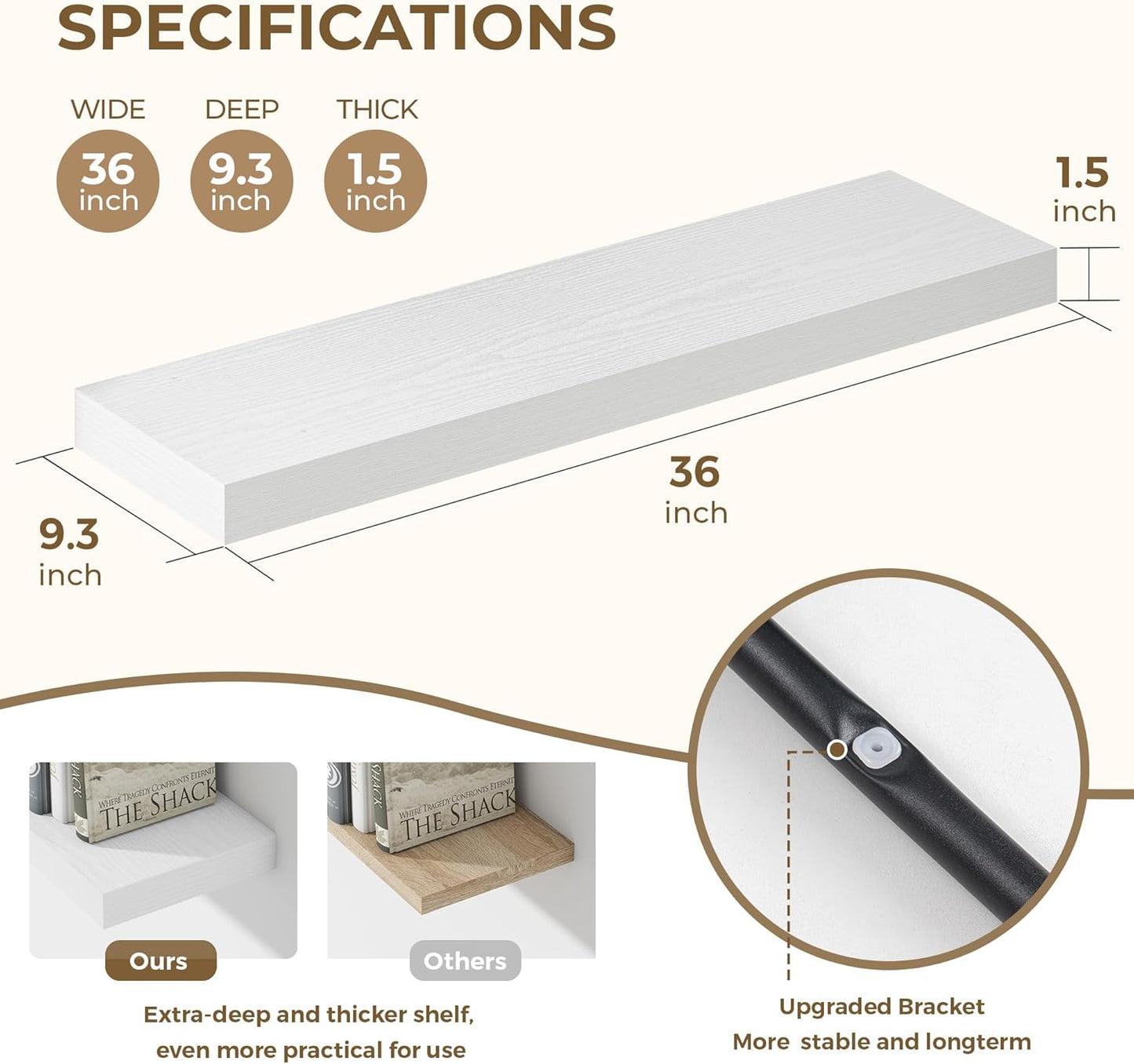 36 Inches Floating Shelves for Wall, 9.3" Deep Long Floating Shelves Set of 2, Large Display & Storage Shelf, Wall Shelf for Bathroom Bedroom Living Room Kitchen Office, White