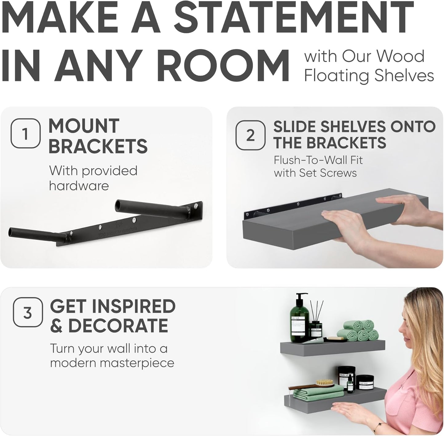 Homeforia Gray Floating Bathroom Shelves, High End Solid Real Wood 16 inch Small Floating Shelf for Wall Mounted, Grey Wooden 16 in Floating Shelves, Heavy Duty Bracket, 16 X 6.5 X 1.75 inch, Set of 2