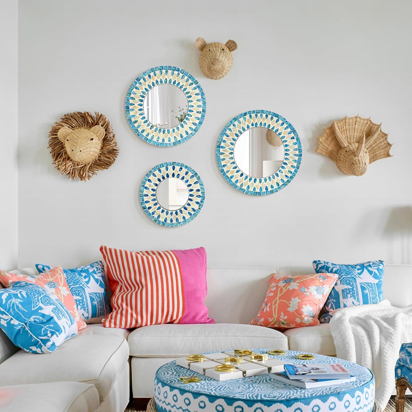 TEIPAI Handmade Mother of Pearl Mirror for Wall Decor, 3PCS Round Decorative Mirrors for Beach Nautical Home Hotel Coffee Shop, Natural Plate Art Hanging Sculpture for Dorm Apartment Entryway (Blue)