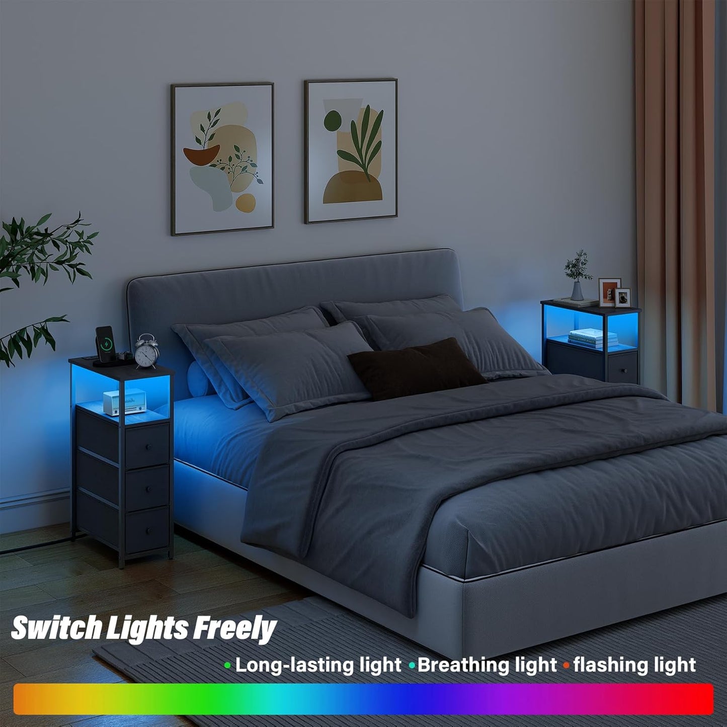 TUTOTAK Narrow LED Night Stand with Charging Station, Slim End Table with Plugins, Tall Side Table with 3 Fabric Drawer, Small Bedside Table with Storage, for Living Room, Black TB01BK086L