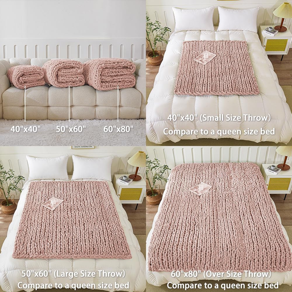 WESHIONGOO Chunky Knit Blanket Throw 40"×40" Knitted Throw Blankets for Couch Bed Fluffy Soft Blanket with Jumbo Chenille Yarn Thick 100% Handmade(Pink)