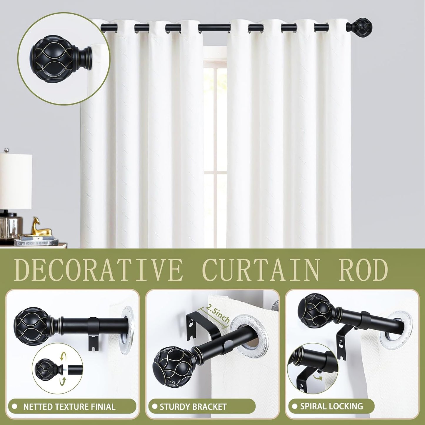 Black Adjustable Curtain Rods for Windows:Farmhouse Heavy Duty Curtain Rod for Bedroom Living Room,Boho Decorative Rustic Drapery Rods with Vintage Coastal Finials,Matte Black 2 Pack 18-45"