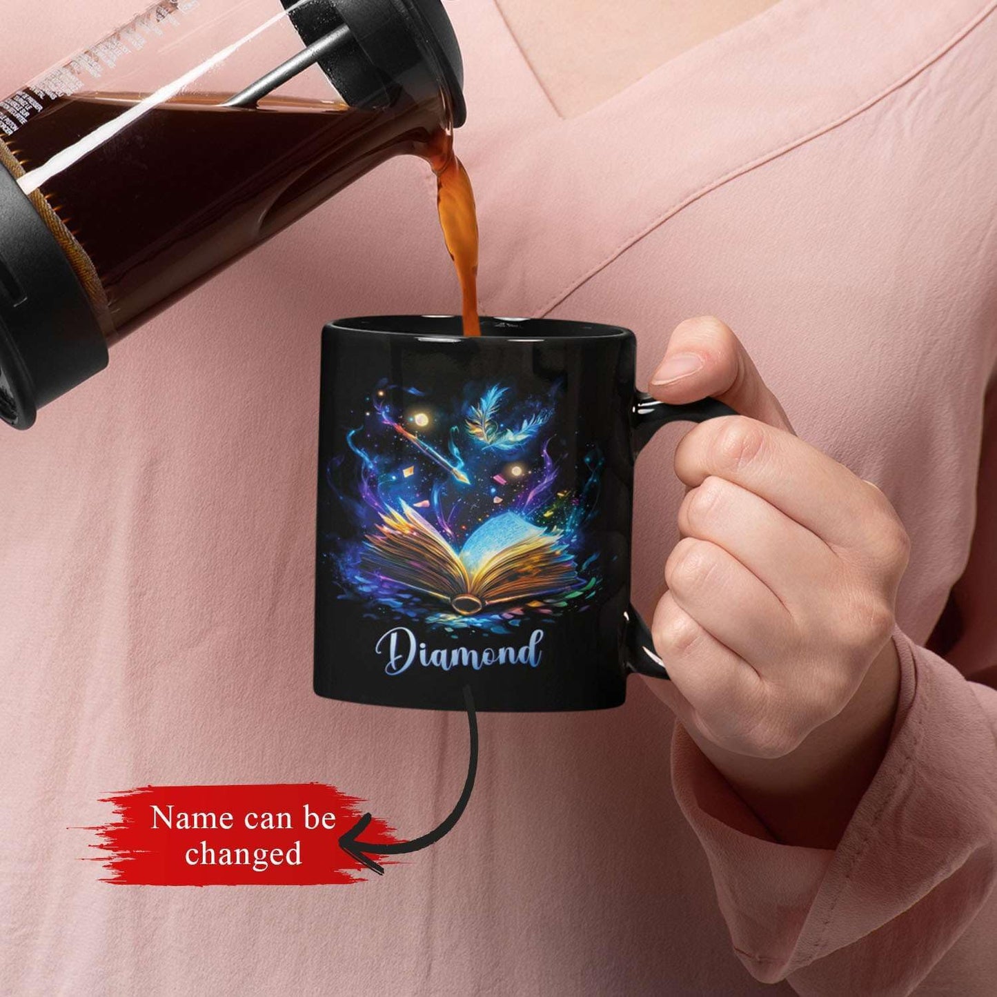 Personalized Sparkling Book Coffee Mug, Custom Name Enchanted Book Design Cup, Customized Fantasy Inspired Ceramic Mug, Gift For Women Men, Book Enthusiasts Black Cup 11oz Or 15oz