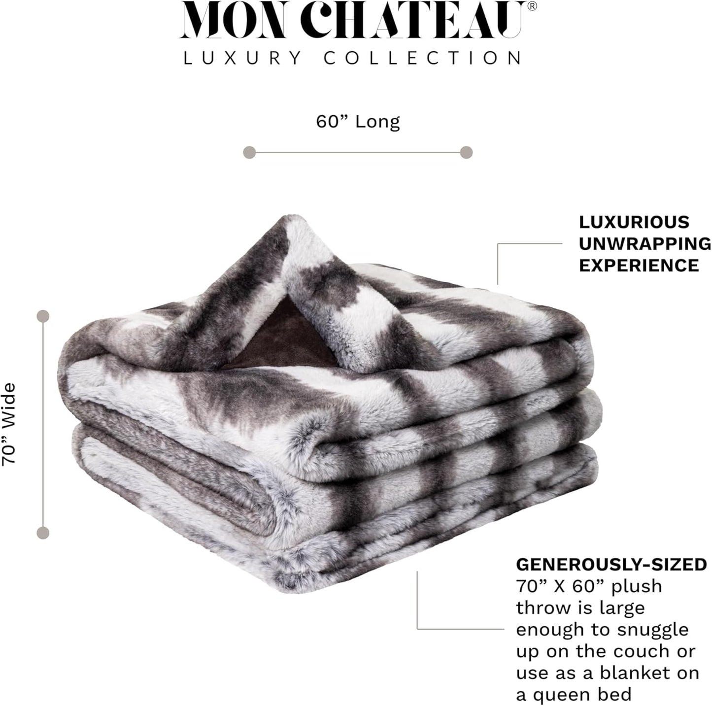 Mon Chateau Luxury Printed Faux Fur Throw with 6cm Foldover for Couch, Sofa, or Bed - Plush Ultra Soft Blanket for Sleeping or Home Décor, 60" x 70" (Striped)