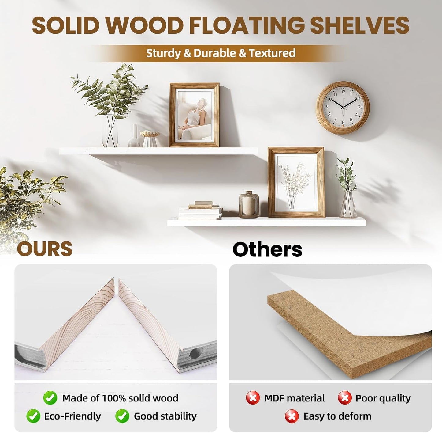 Floating Wall Shelves 2-Pack - 36-Inch Rustic White Wooden Shelves for Storage and Décor, Easy Installation for Living Room, Bedroom, and Kitchen