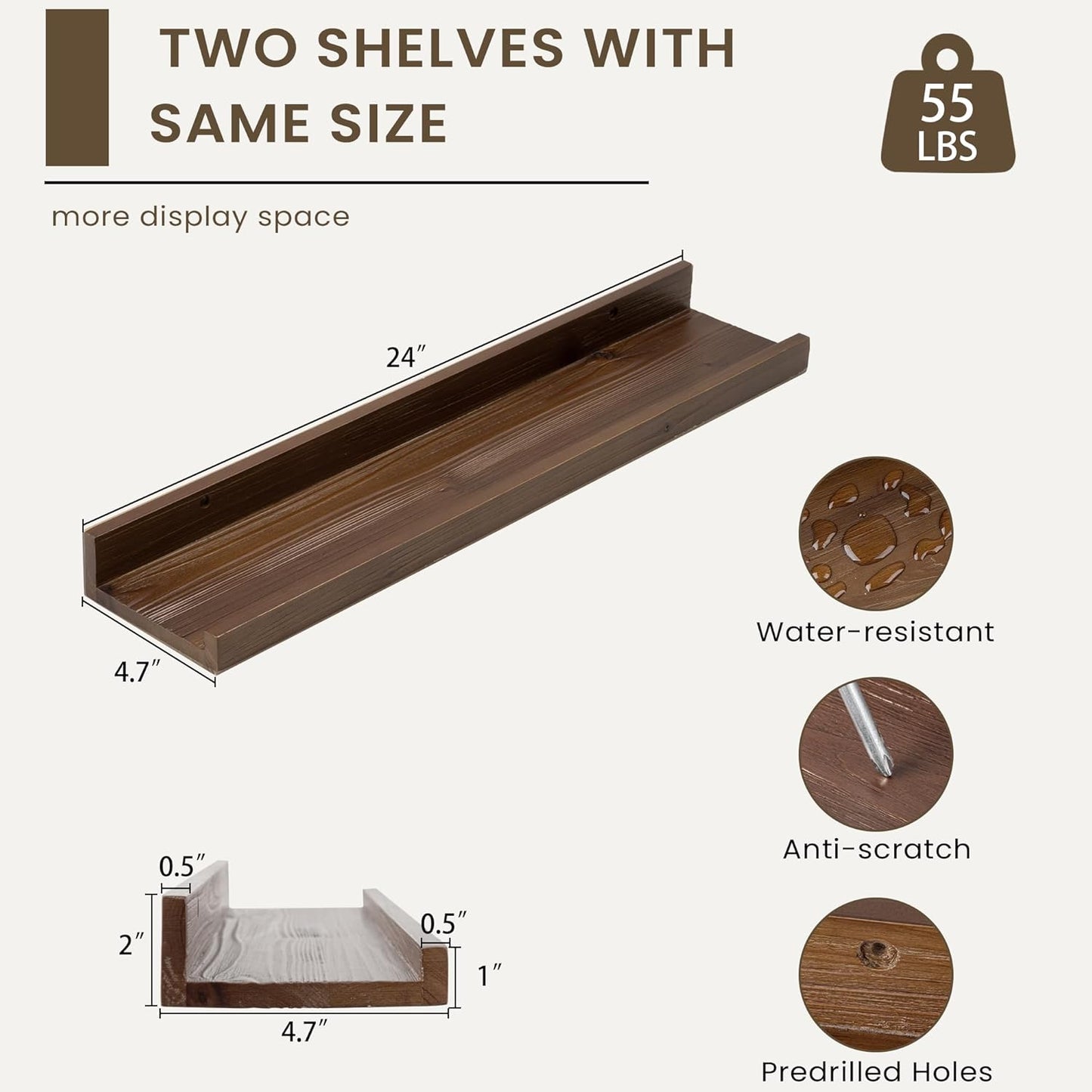 Floating Shelves for Wall, Picture Ledge Shelf 24 Inch Solid Wood Set of 2, Rustic Wall Shelves with Lip, Kids Bookshelf, Photo & Picture Live Edge Floating Shelves for Bedroom, Living Room, Kitchen