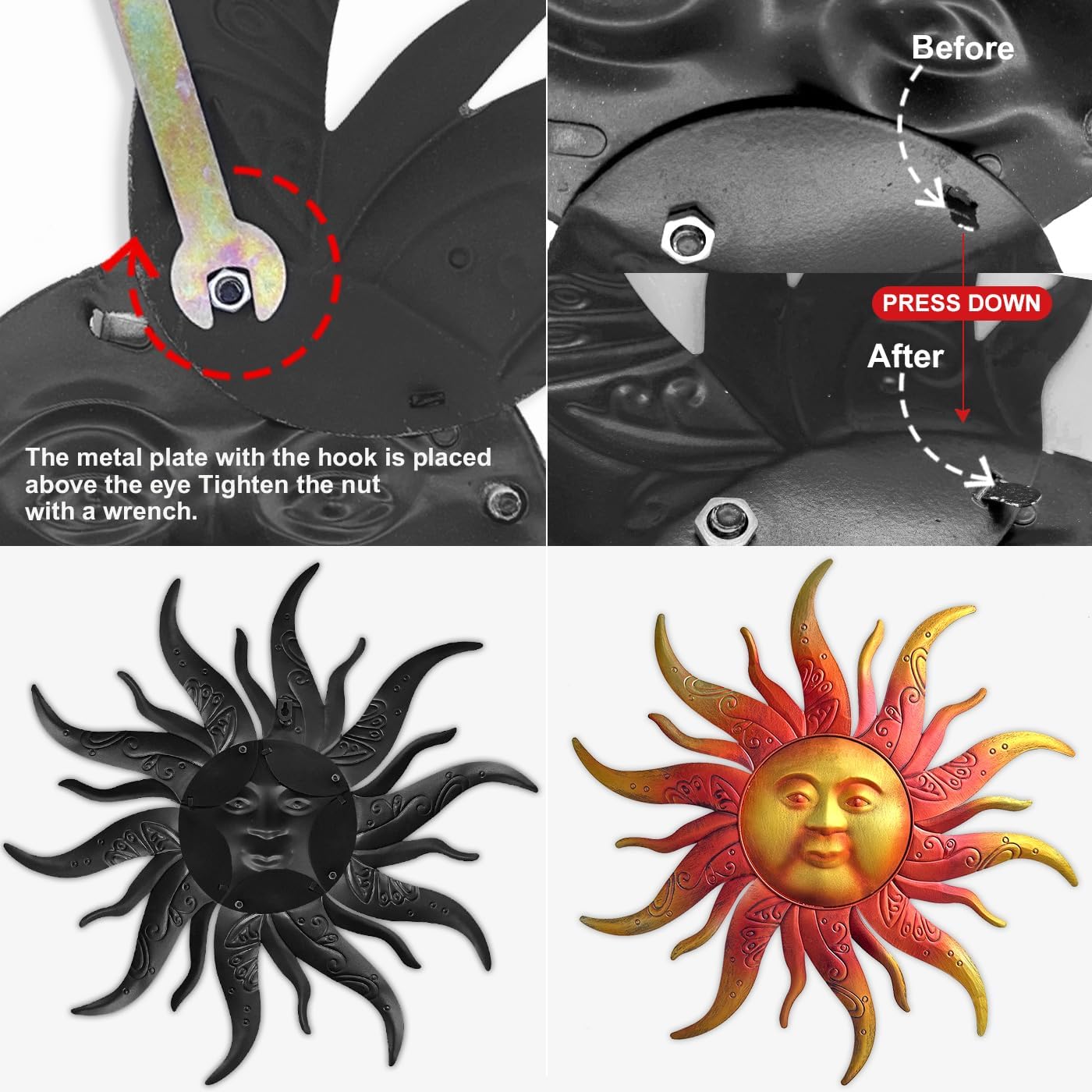 Large Metal Sun Wall Art Decor - 23.6 Inches Rustic Retro Hanging Decoration for Indoor Outdoor, Home Garden Farmhouse Yard Patio Fence Living Room Bedroom (Gold)