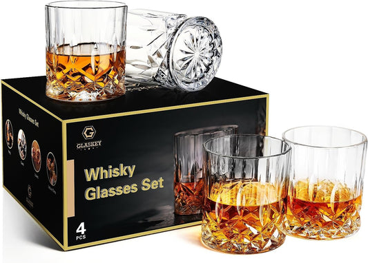 Whiskey Glasses Set of 4,Rock Glasses,11 oz Lead-Free Crystal Bourbon Glass,Old Fashioned Glass for Bourbon,Cognac,Irish Whisky,Personalised Whisky Glass Gift Set for Men,Dad,Brother