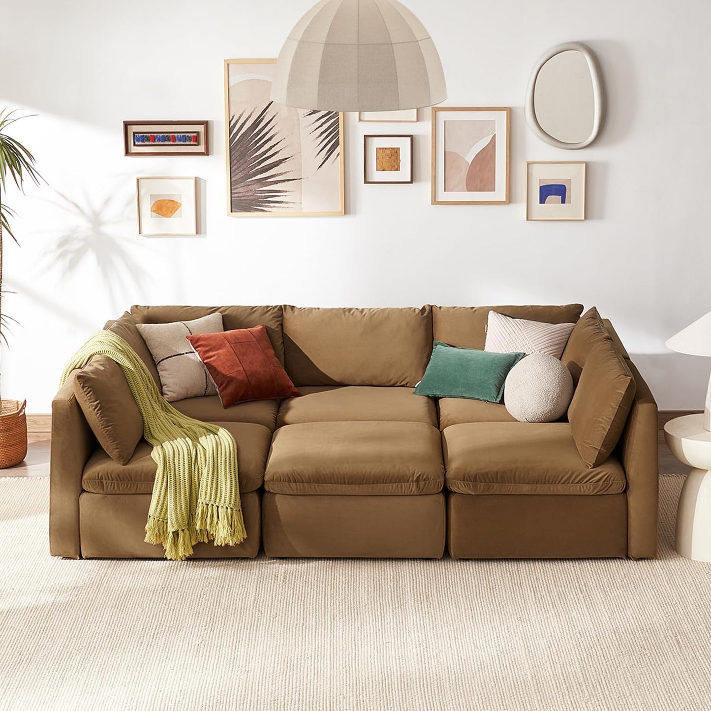 mopio Oversized Modular Sectional Sofa with Fully Removable Covers and Storage, Convertible U, L-Shaped and Sleeper Sectional, Modern Couches with Ottoman Chaise (Hazelnut Velvet, 6 Seats, Sleeper)