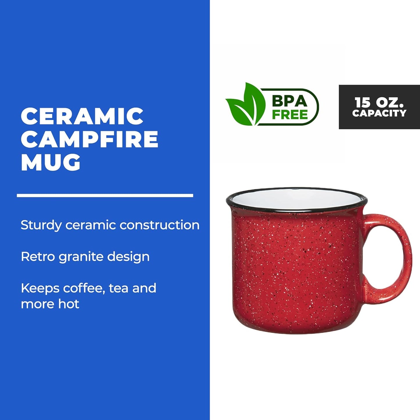 Set of 16 Ceramic Campfire Mugs – 15 Oz, Red – Coffee & Tea Cups for Home, Work, Travel, Camping – Customizable, Great for DIY, Events, Companies