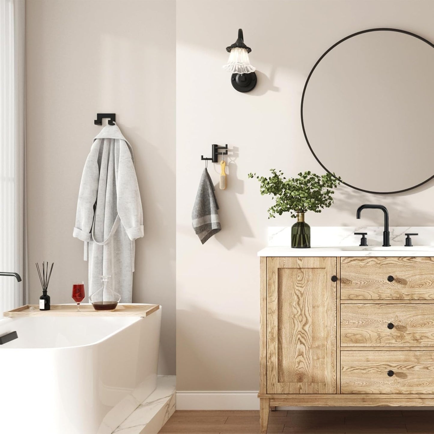 Angle Simple Swivel Towel Hooks for Bathroom, SUS 304 Stainless Steel Foldable 3 Arms Robe Towel Holder, Shower Wall Coat Hooks, Matte Black, 2 Pack