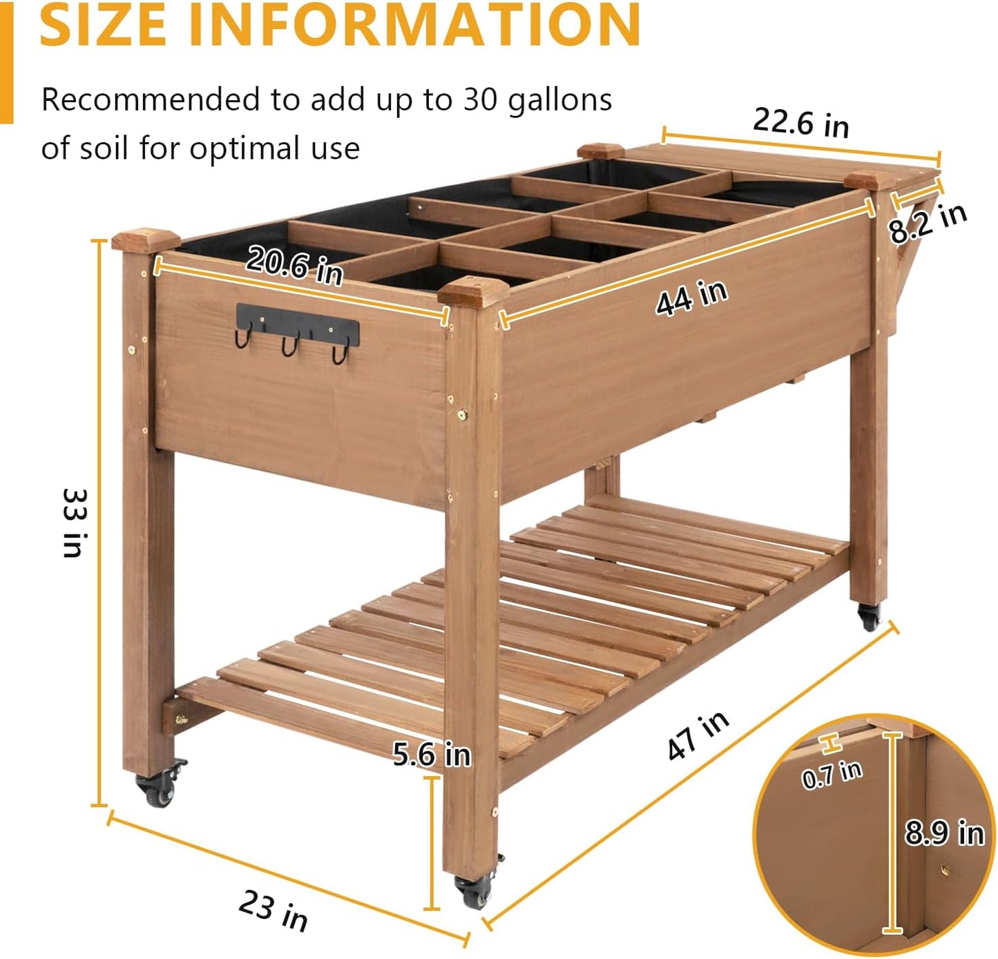 Raised Garden Bed with Lockable Wheels Mobile Elevated Wood Planter,Storage Shelf, Protective Liner,55.5x24x32in (Brown)