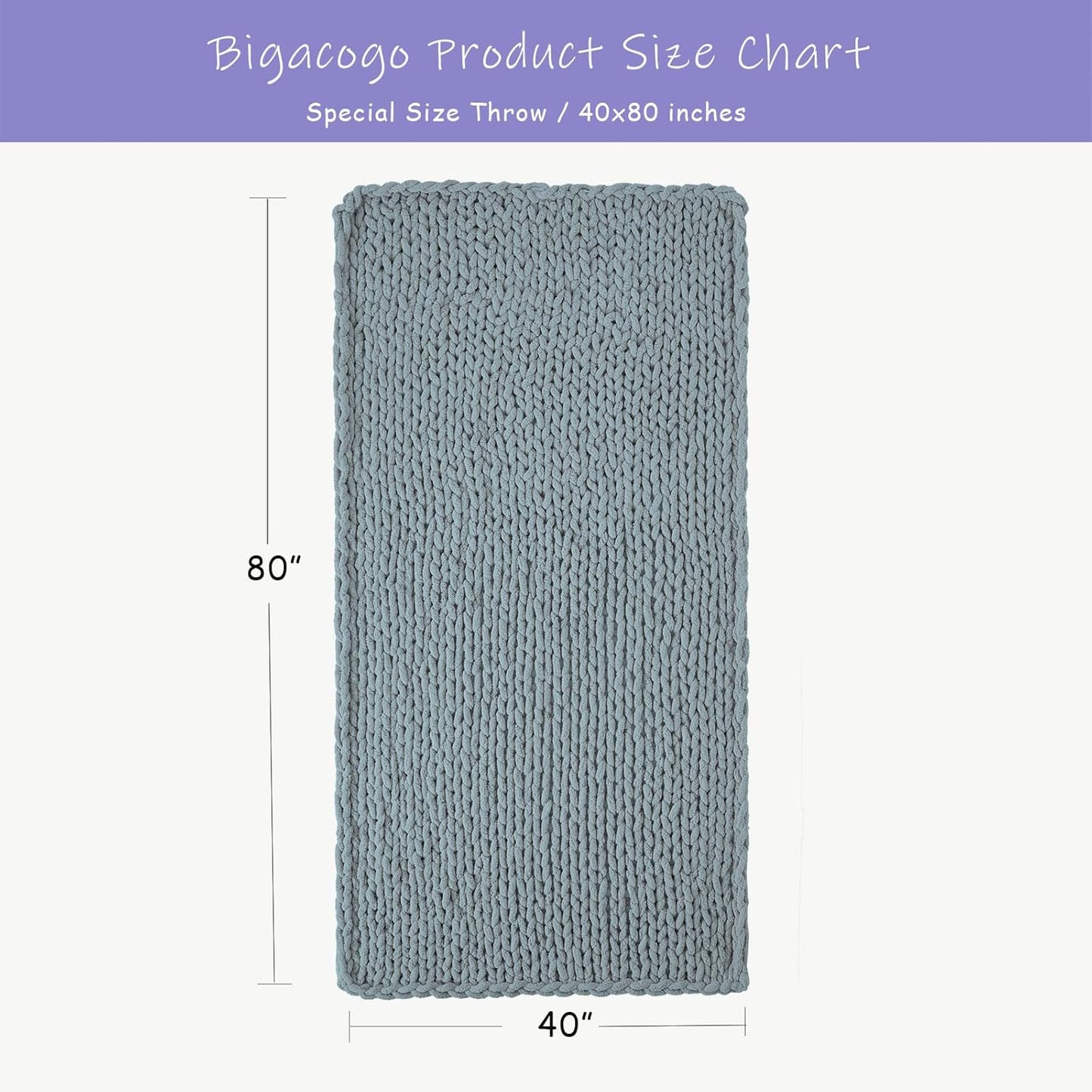 Bigacogo Chunky Knit Throw Blanket for Couch, 40x80 inches, 100% Hand Knitted with Thick Jumbo Chenille Yarn, Cozy Soft Large Rope Knot Cable Crochet Blankets for Sofa Bed Living Room, Dusty Blue
