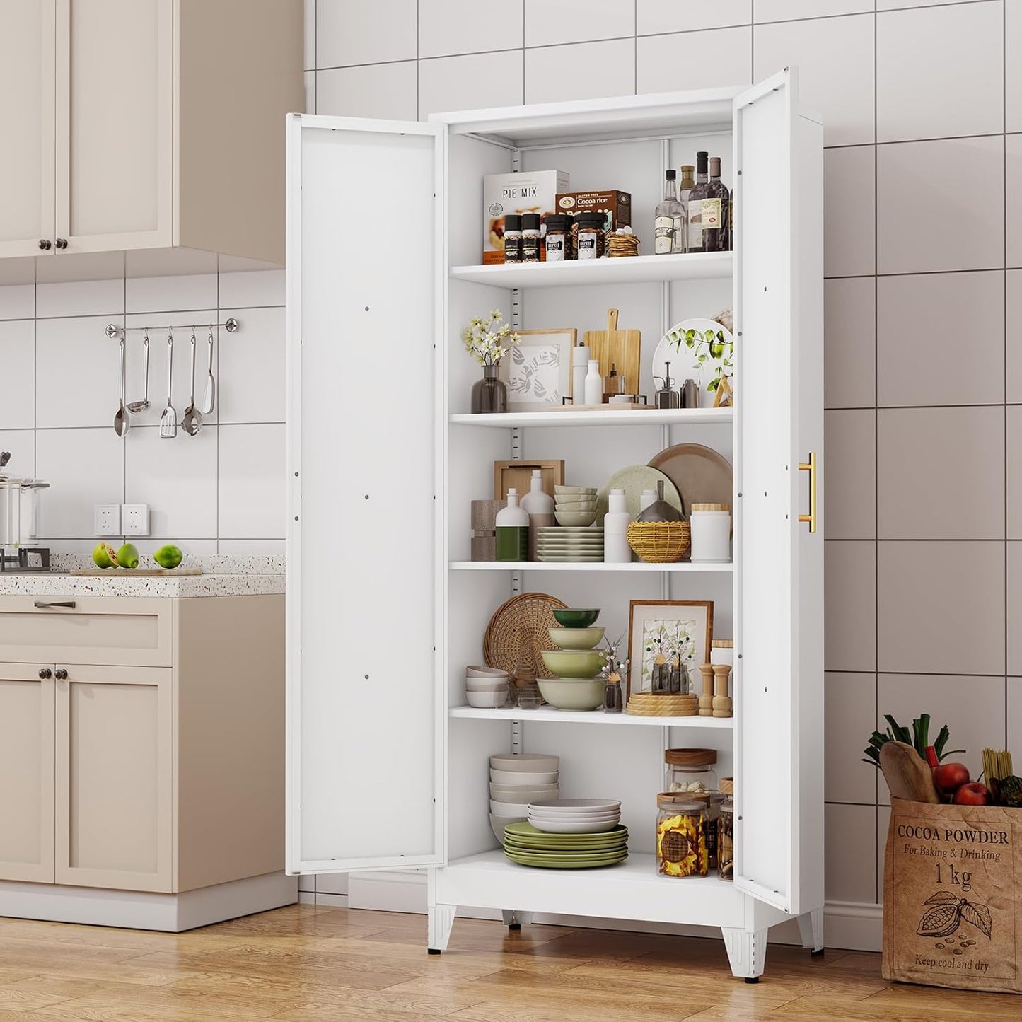 71" H Metal Kitchen Pantry Storage Cabinet, Freestanding Cupboard with 2 Doors and 4 Adjustable Shelves, Standing Storage for Kitchen, Bathroom, Garage, Dinning Room or Utility Room（White）