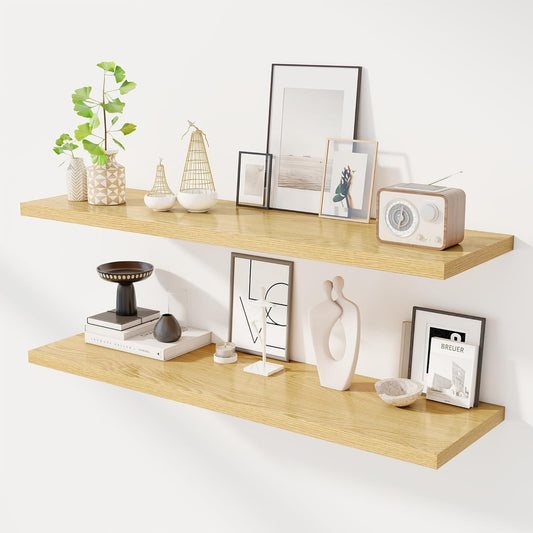 48" Floating Shelves for Wall, 12" Deep Slim Oak Floating Shelves, Wall-Mounted Shelves for Bedroom, Living Room, Kitchen, Bathroom - Set of 2