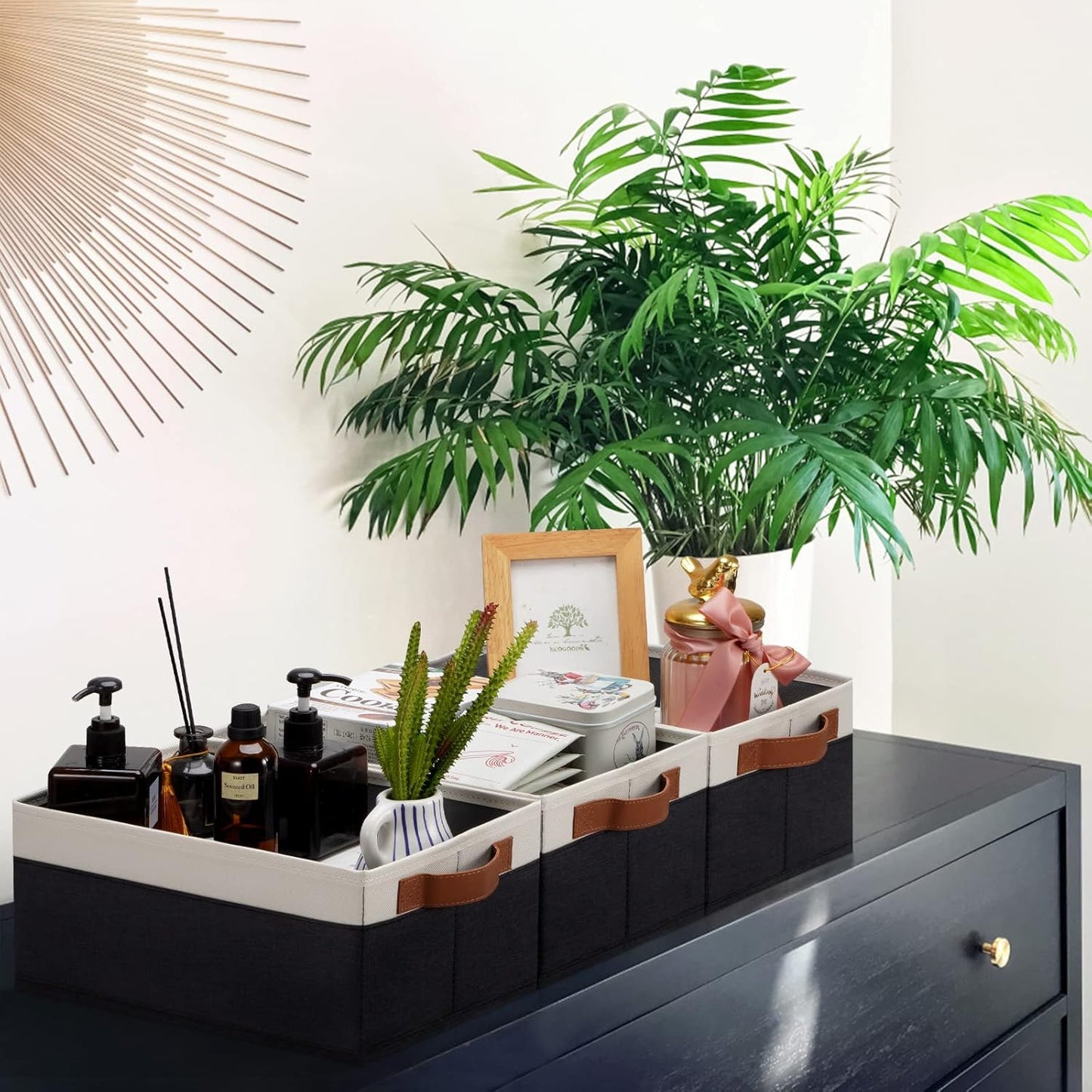 GhvyenntteS Storage Baskets for Organizing, Fabric Storage Bins with Leather H&les, Foldable Rectangular Storage Baskets for Shelves, Closets, Home, Office(Black/White, 6 Pack)11.8X7.9X5.1 in