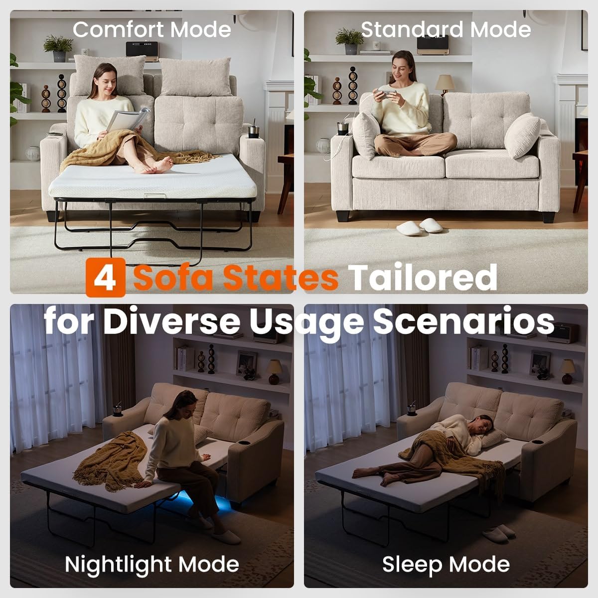 CHIC HOUSE Pull Out Sofa Bed, Full Size Sleeper Sofa, 2-in-1 Convertible Corduroy Couch with USB Charging, Memory Form Couch for Living Room, Apartment and Small Space (Beige, Corduroy - Full Size)