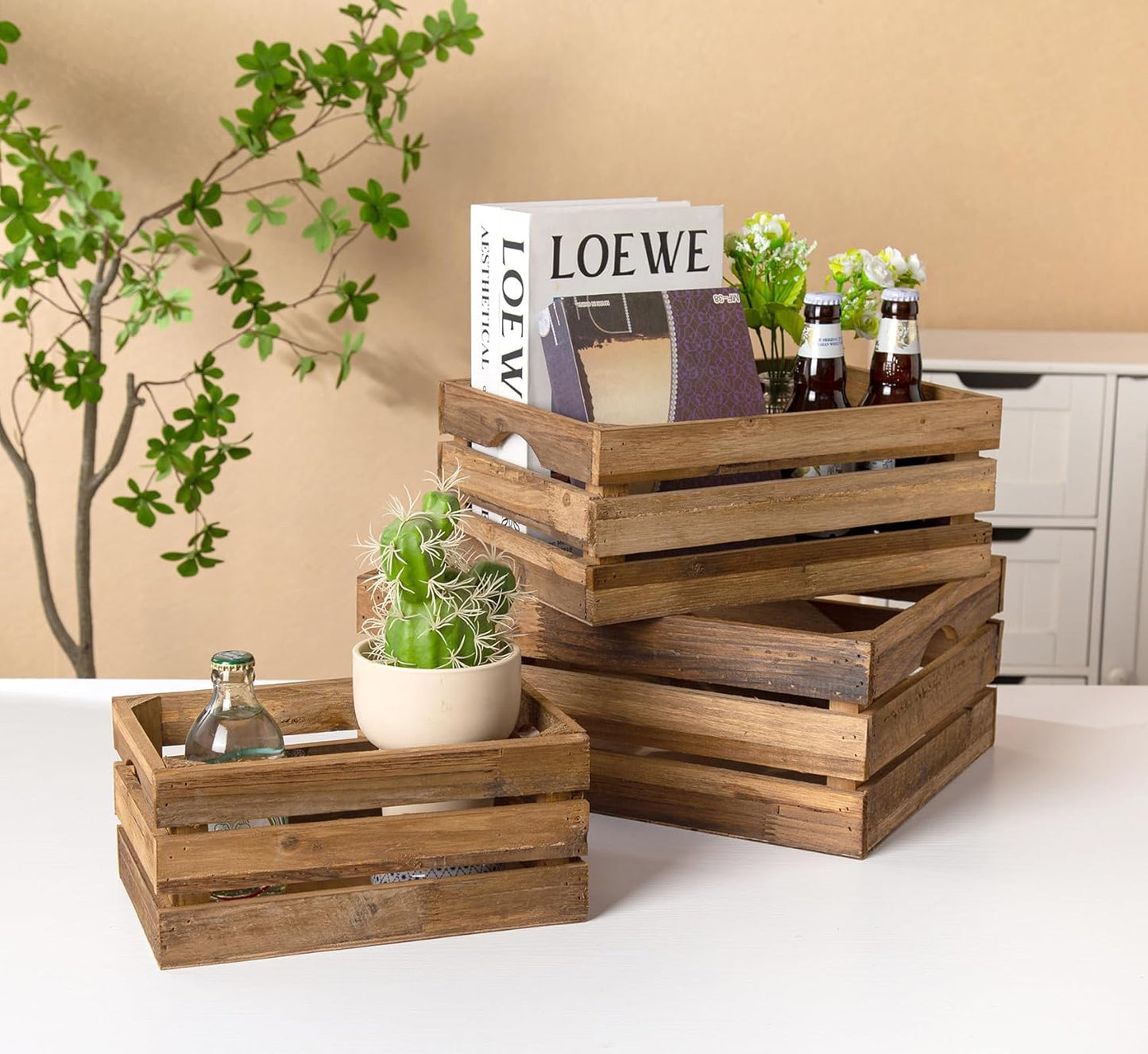 Set of 3 Nesting Wooden Crates, Rustic Wooden Storage Container Boxes with Cutout Handles, Decorative Farmhouse Wood Baskets for Display (Natural)